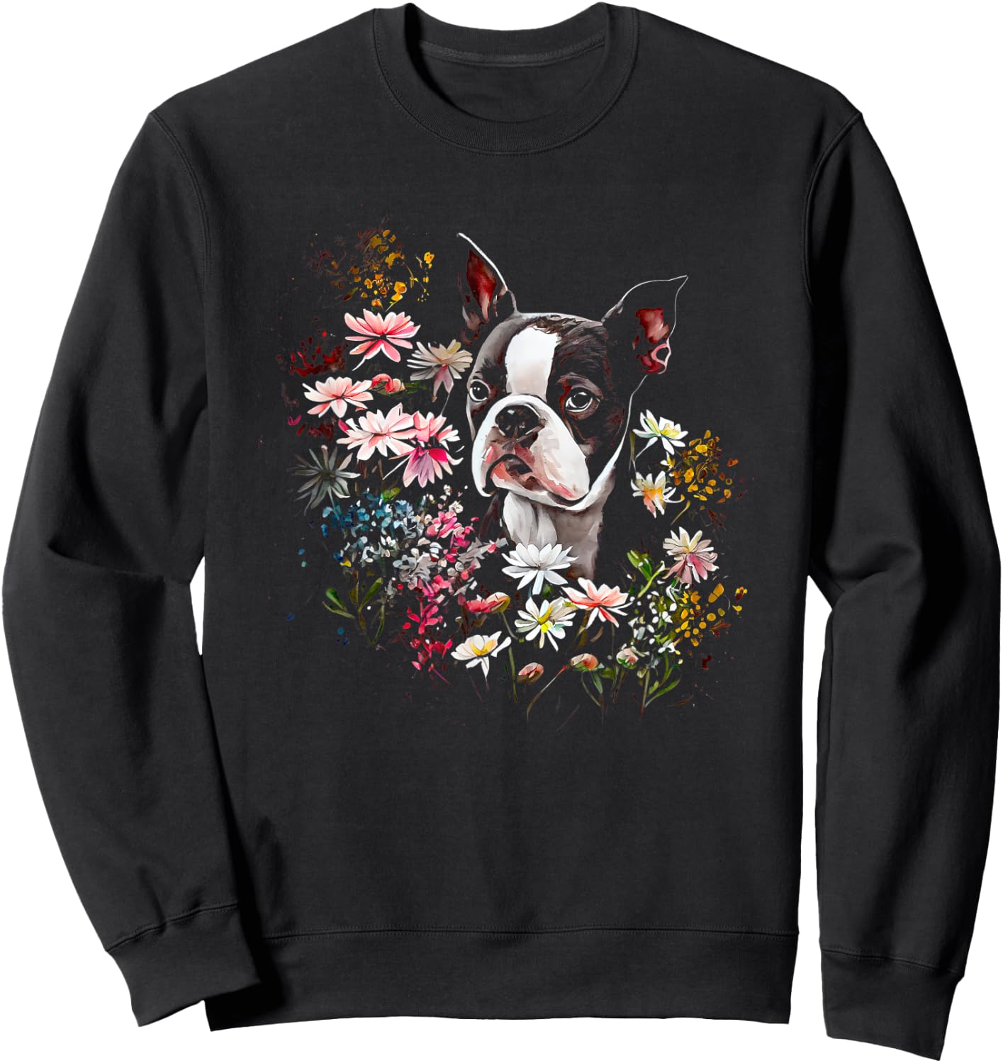 Watercolor Boston Terrier with flowers - Bostie Sweatshirt - Sweatshirt | Black