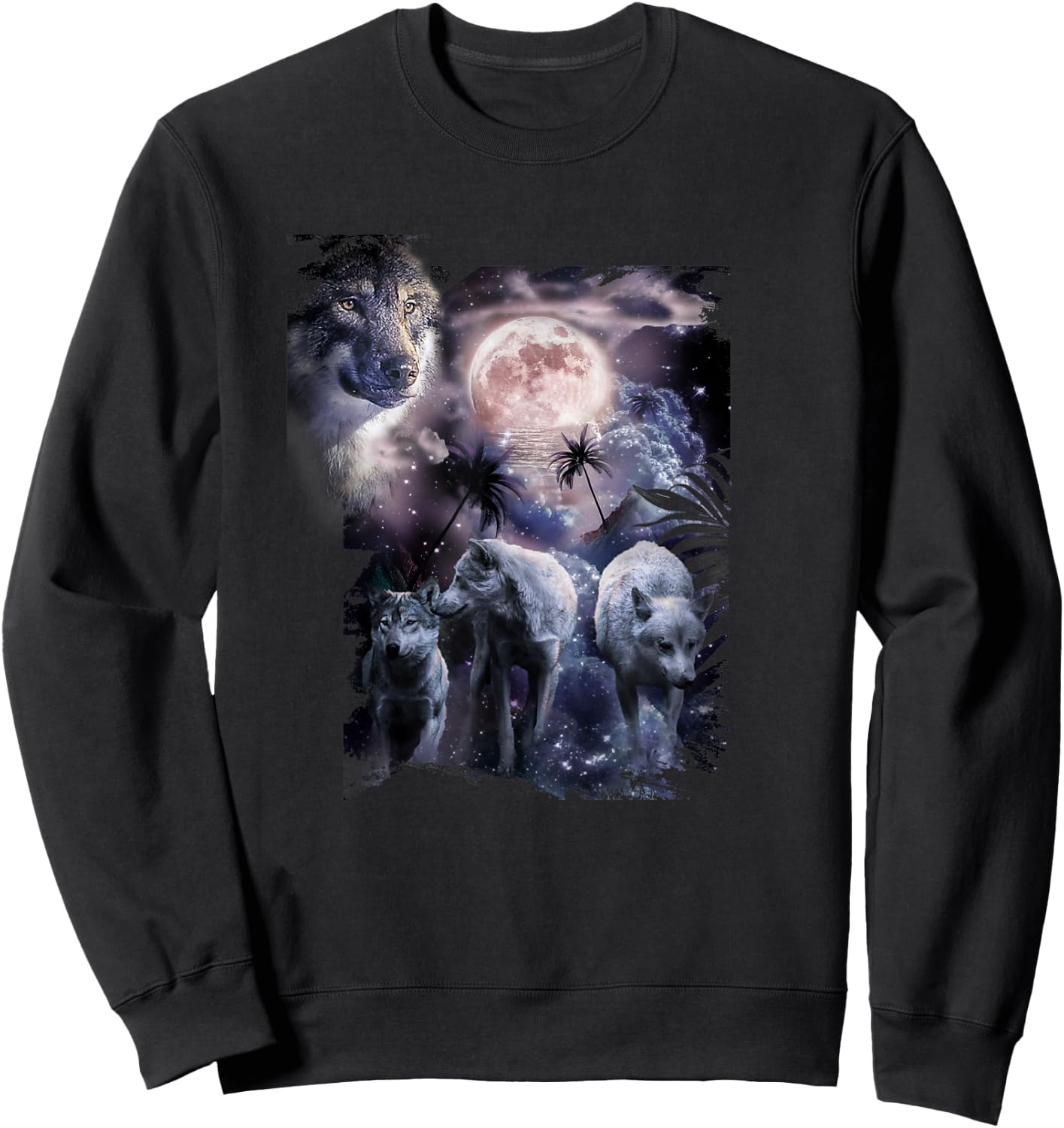 Tropical Wolves, Wolf Howling At Moon, Moonrise Sweatshirt - Sweatshirt | Black