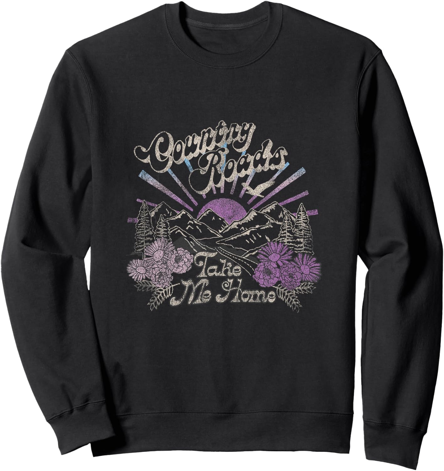 Country Roads Take Me Home Floral Mountain Scene Sweatshirt - Sweatshirt | Black