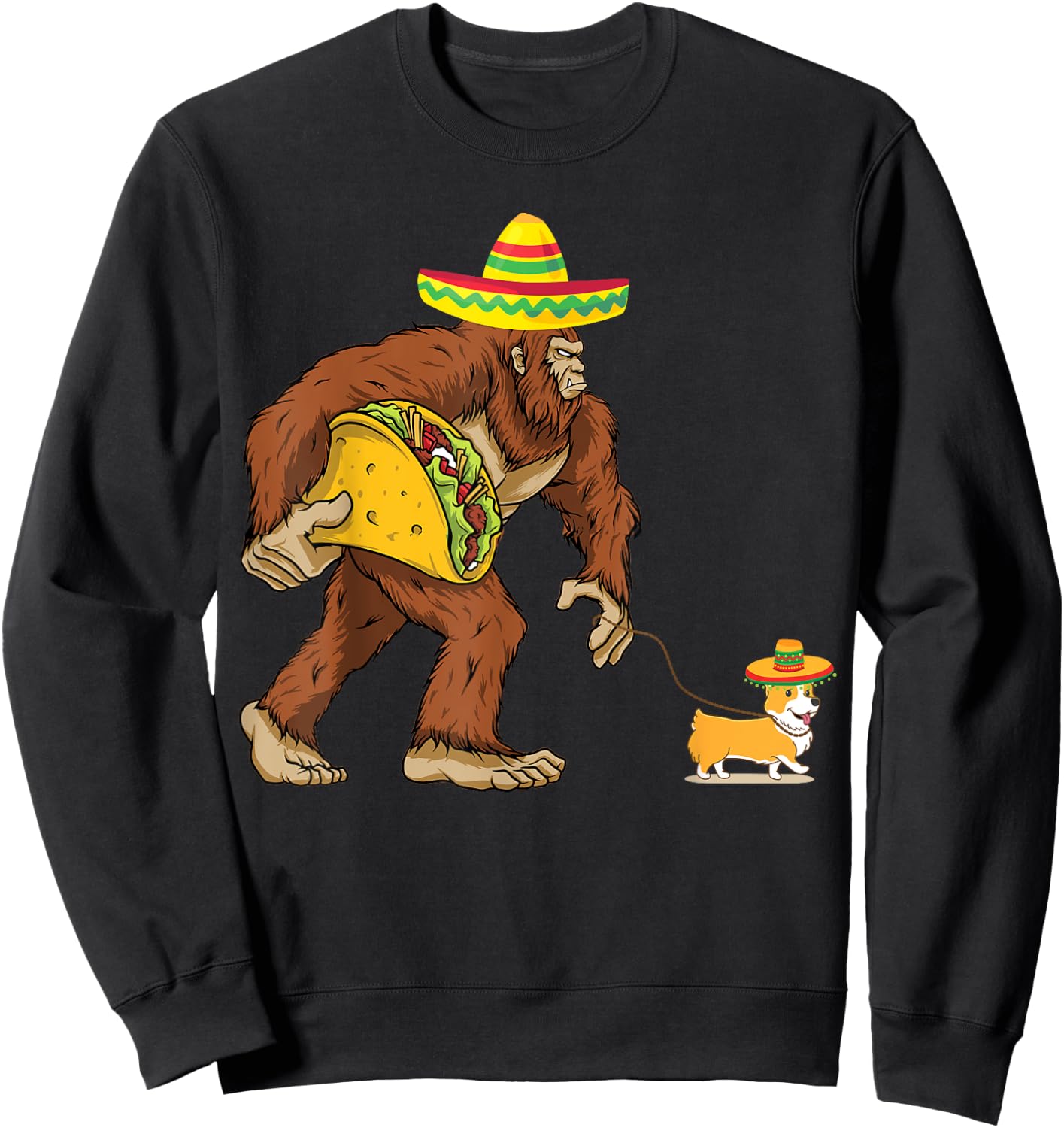 Bigfoot Steal Taco Corgi Dog Sombrero Cinco de Mayo Graphic Men Women Kids Sweatshirt - Sweatshirt | Black