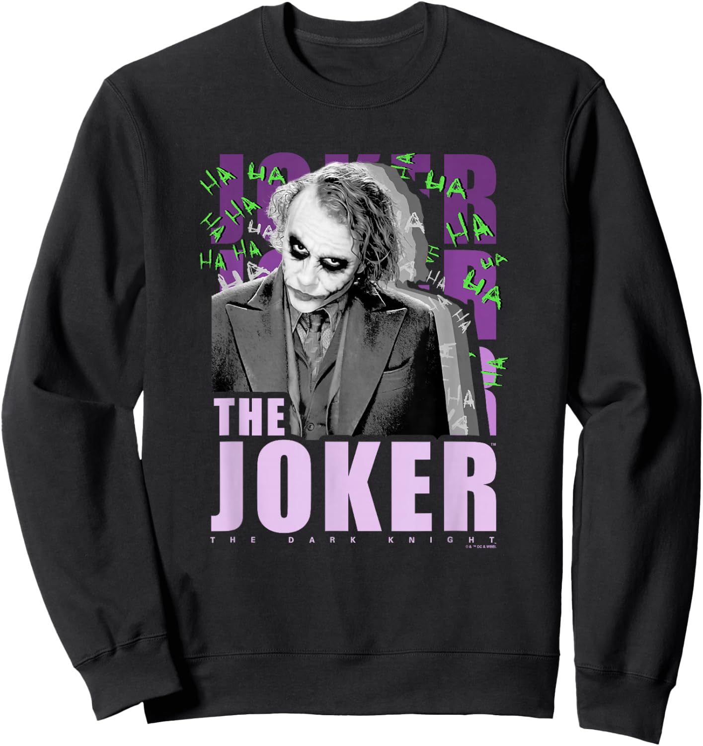 The Dark Knight The Joker Purple Ha Ha Distressed Poster Sweatshirt - Sweatshirt | Black