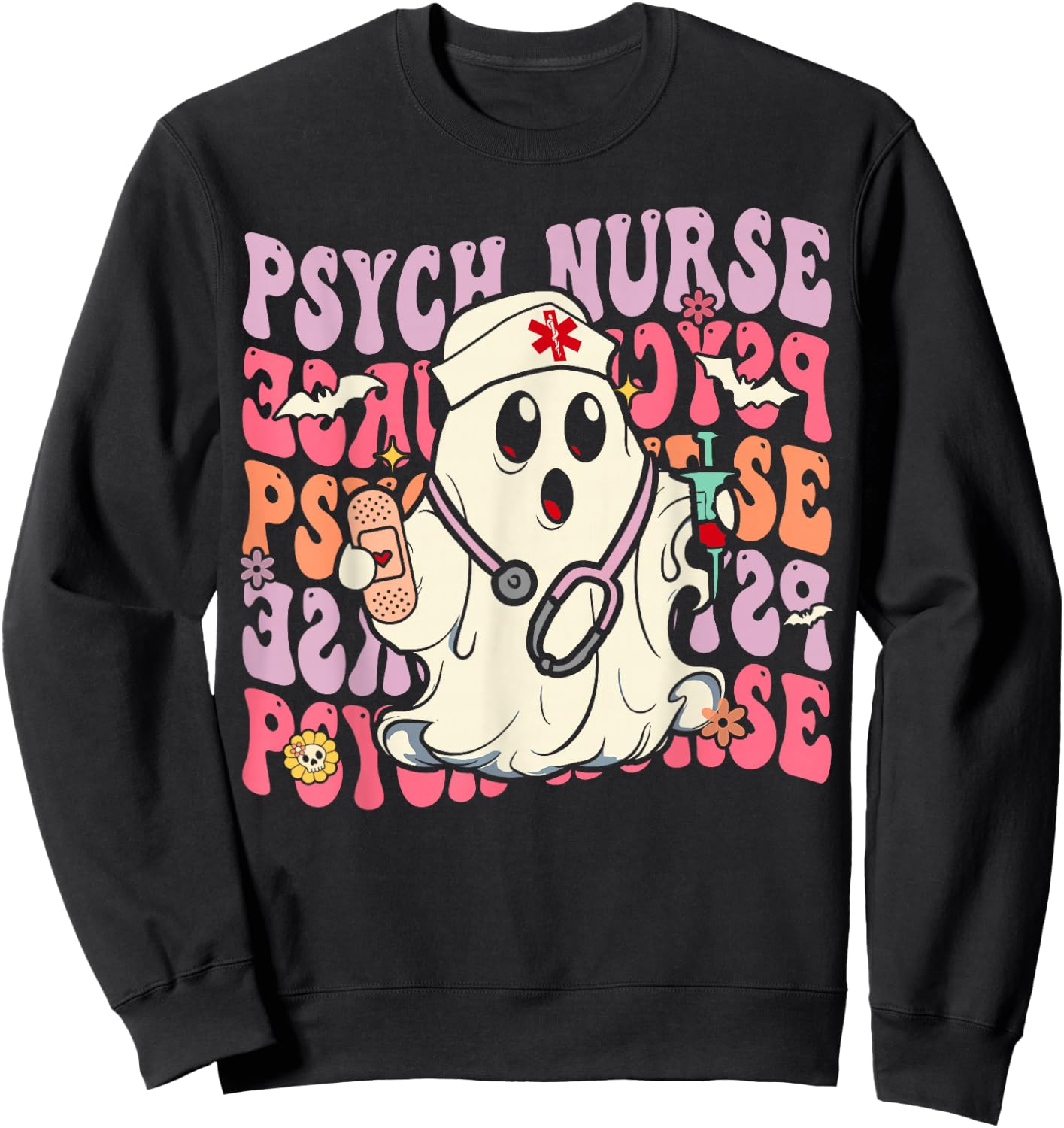 Retro Psych Nurse Groovy Halloween Psychiatric Nurse Sweatshirt - Sweatshirt | Black