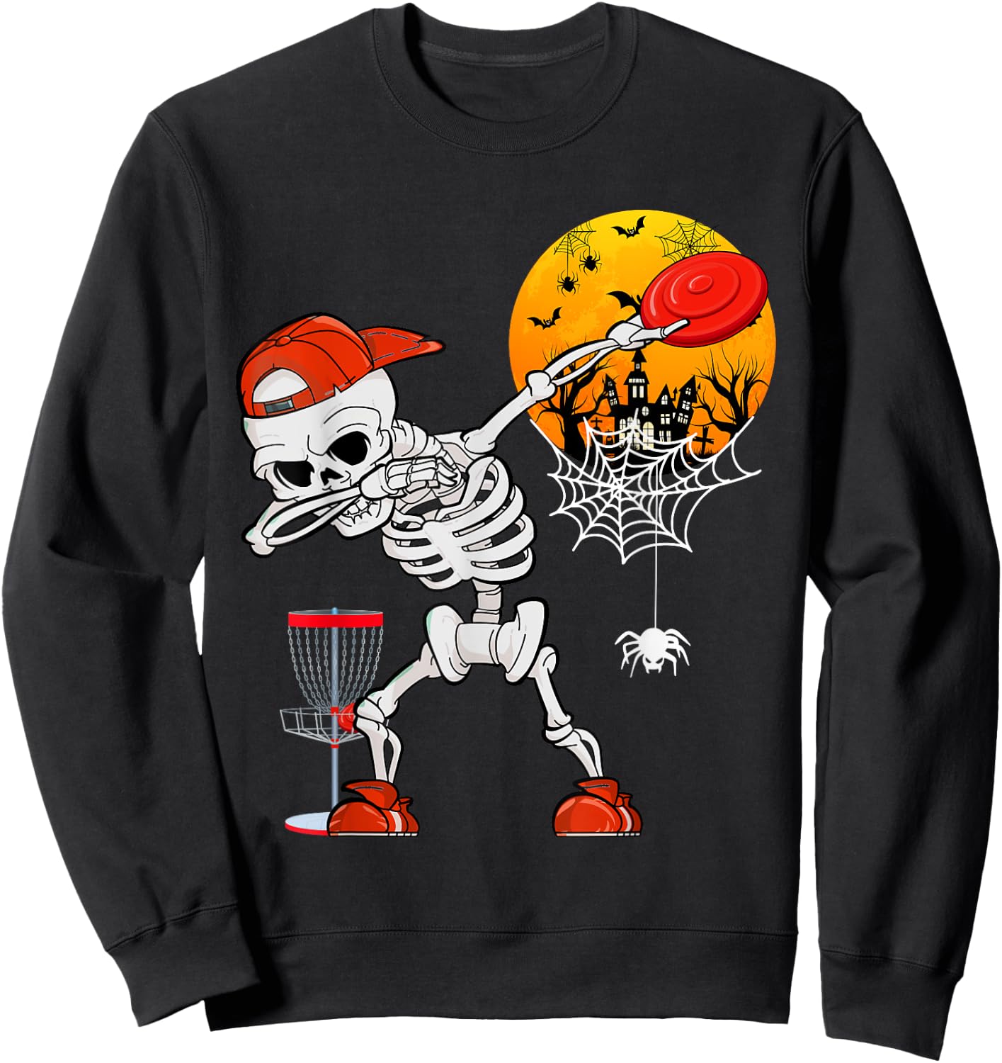 Dabbing Skeleton Playing Disc Golf Halloween Player Coach Sweatshirt - Sweatshirt | Black