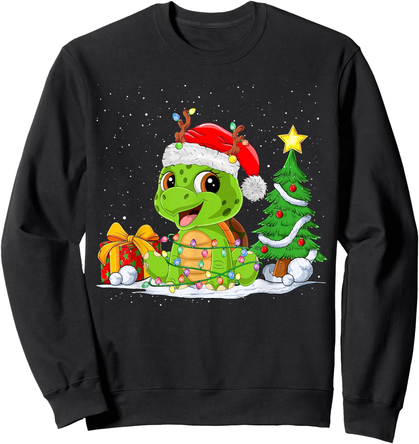 Cute Turtle Santa Christmas Tree Lights Xmas Pajama Turtle Sweatshirt - Sweatshirt | Black