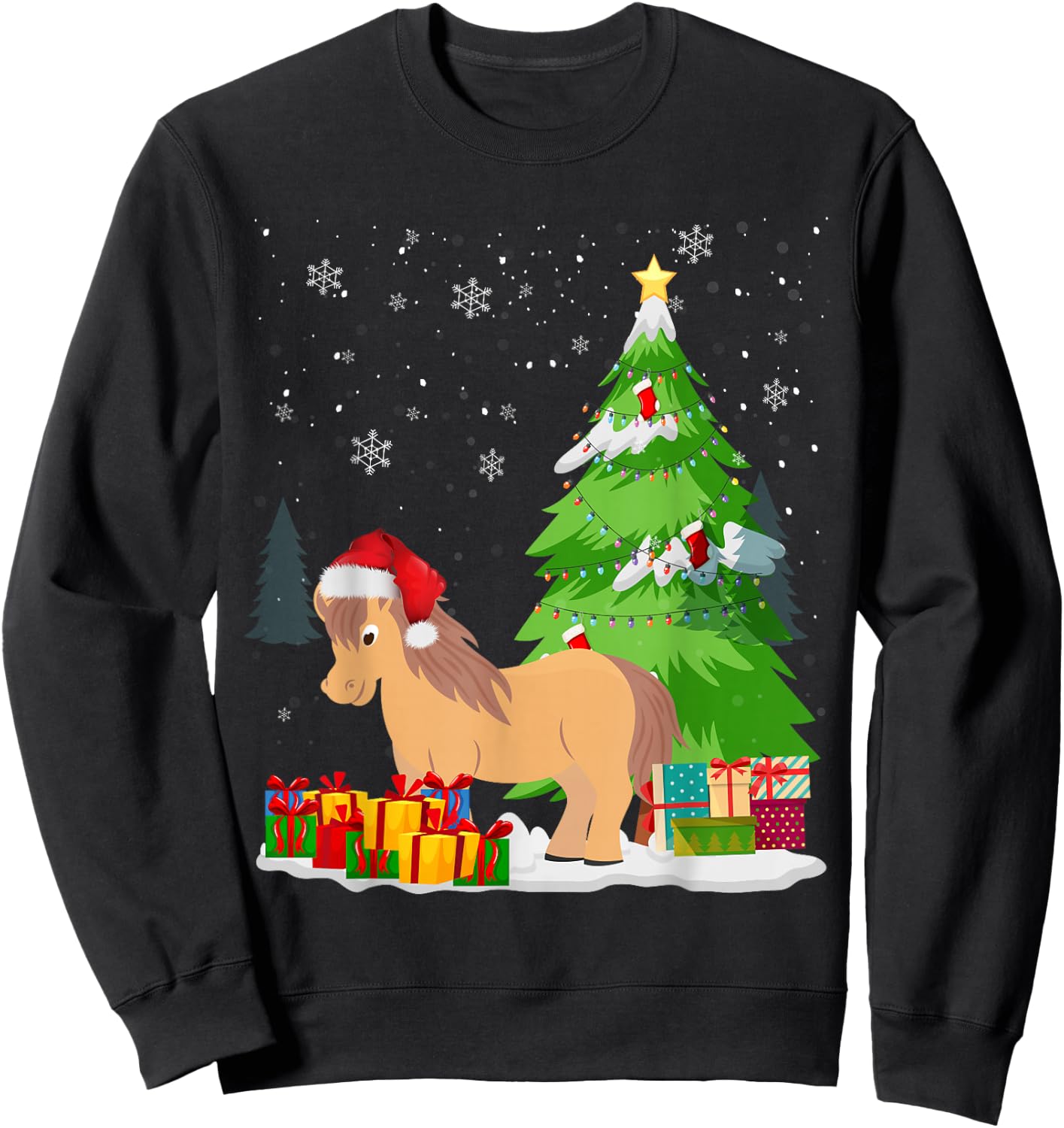 Funny Christmas Miniature Horse Santa Hat Matching Family Sweatshirt - Sweatshirt | Black