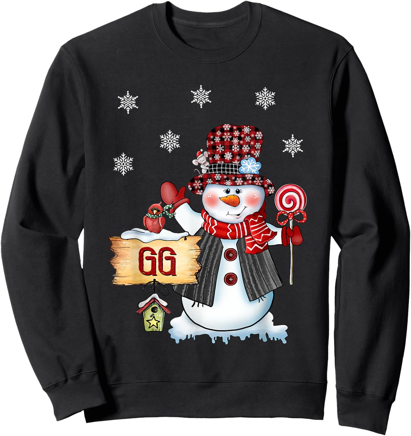 Gg Snowman Christmas Candy Cane Red Plaid Santa Sweatshirt - Sweatshirt | Black