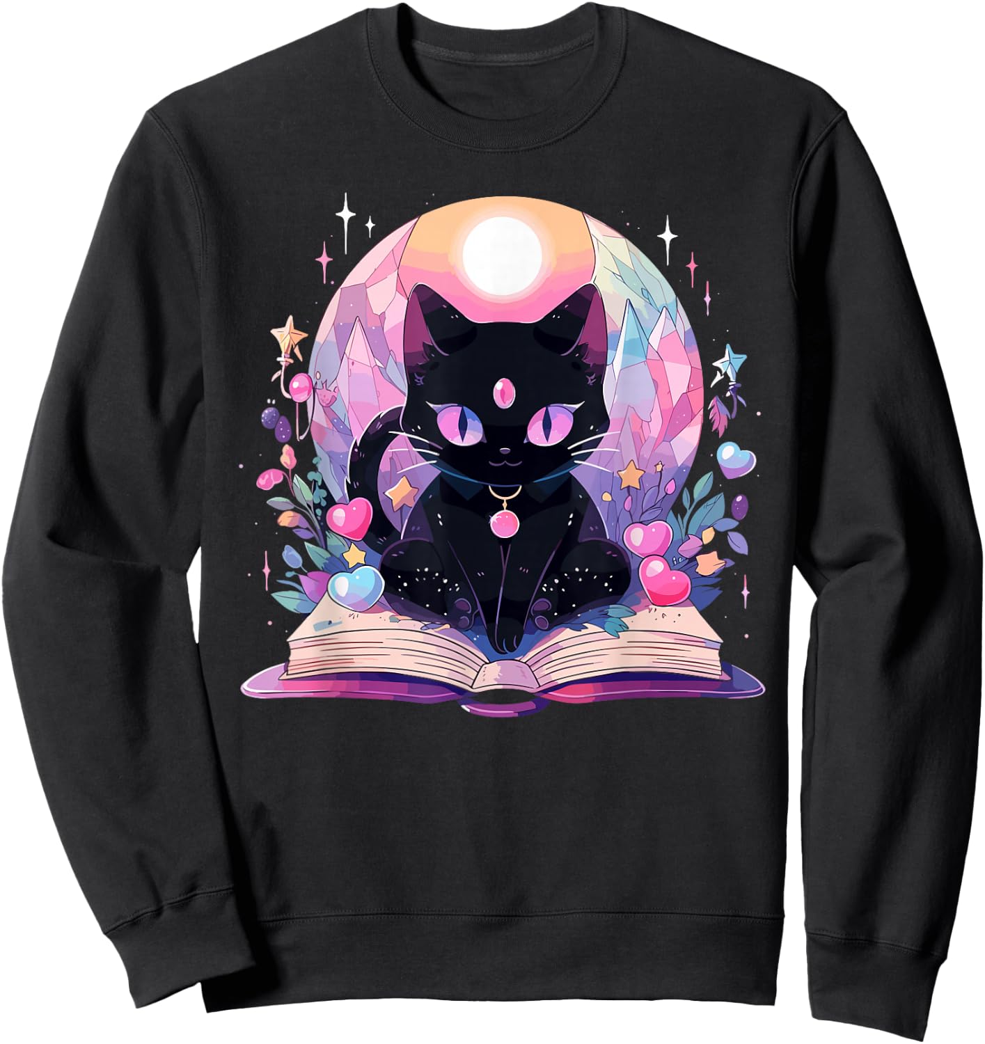 Book Lover Crystal Witchy Cute Black Cat Kawaii Pastel Goth Sweatshirt - Sweatshirt | Black