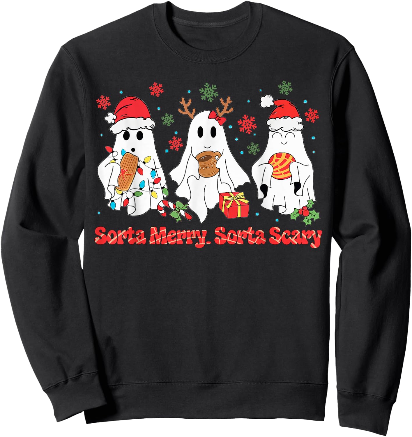 Funny Christmas Sorta Merry Sorta Scary Ghost Xmas Lights PJ Sweatshirt - Sweatshirt | Black