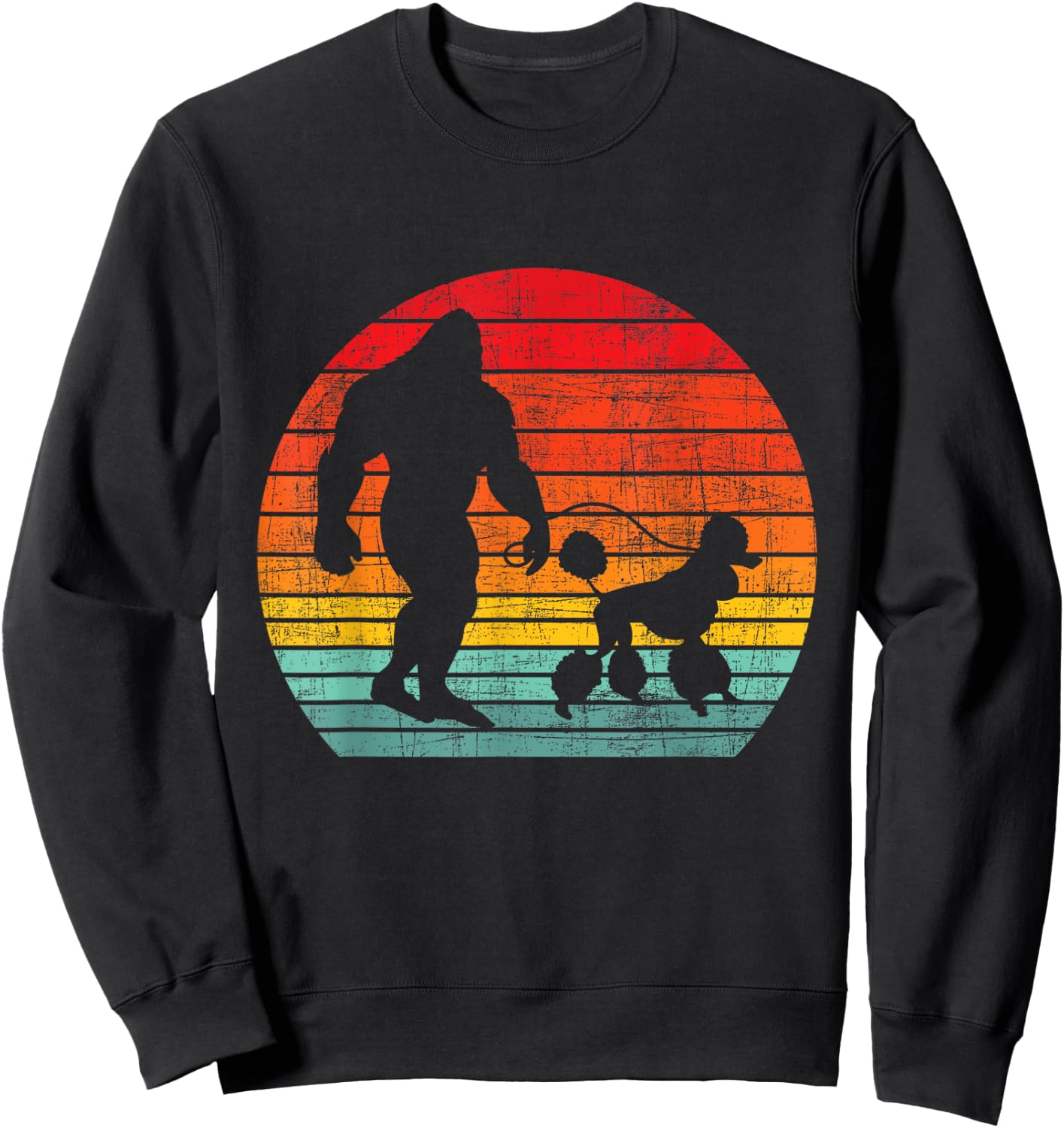 Retro Sunset Bigfoot And Poodle - Puppy Owner Dog Lover Sweatshirt - Sweatshirt | Black