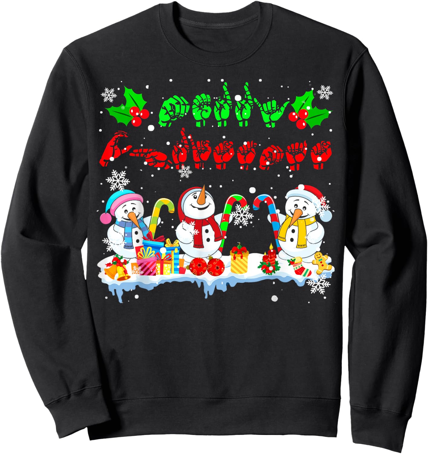 Merry Christmas Cute Three Snowmans ASL Sign Language Family Sweatshirt - Sweatshirt | Black