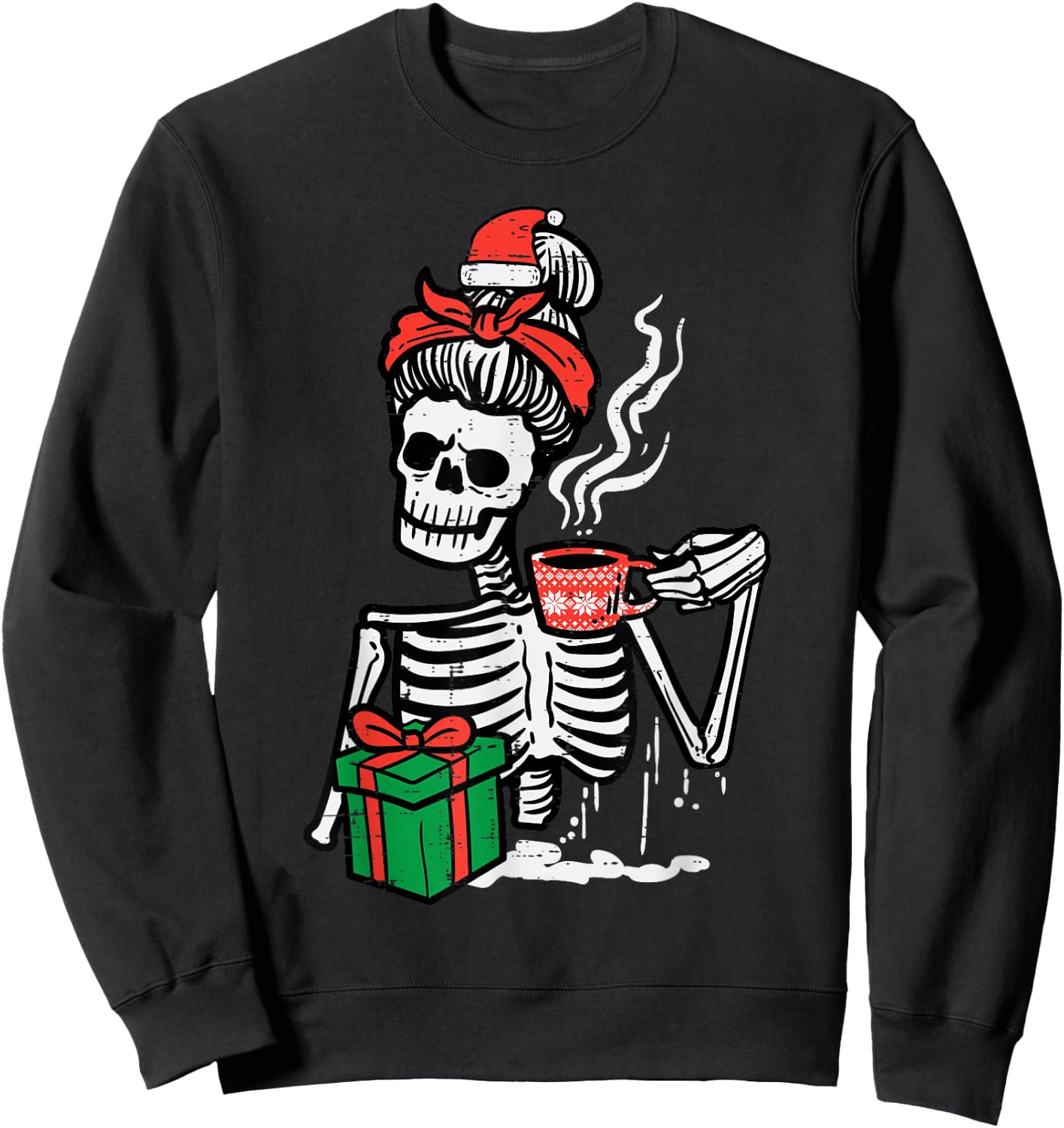 Christmas Skeleton Messy Bun Coffee Xmas Mom Women Girls Sweatshirt - Sweatshirt | Black