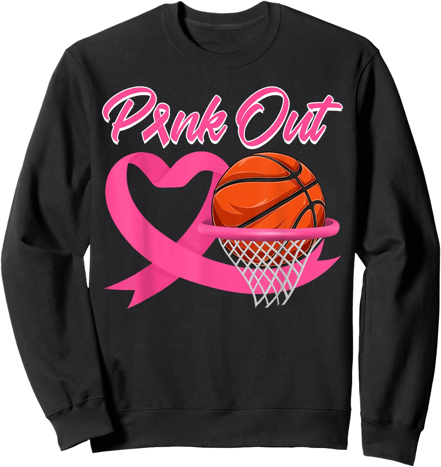 Pink Out Breast Cancer Pink Ribbon Heart & Basketball Ball Sweatshirt - Sweatshirt | Black