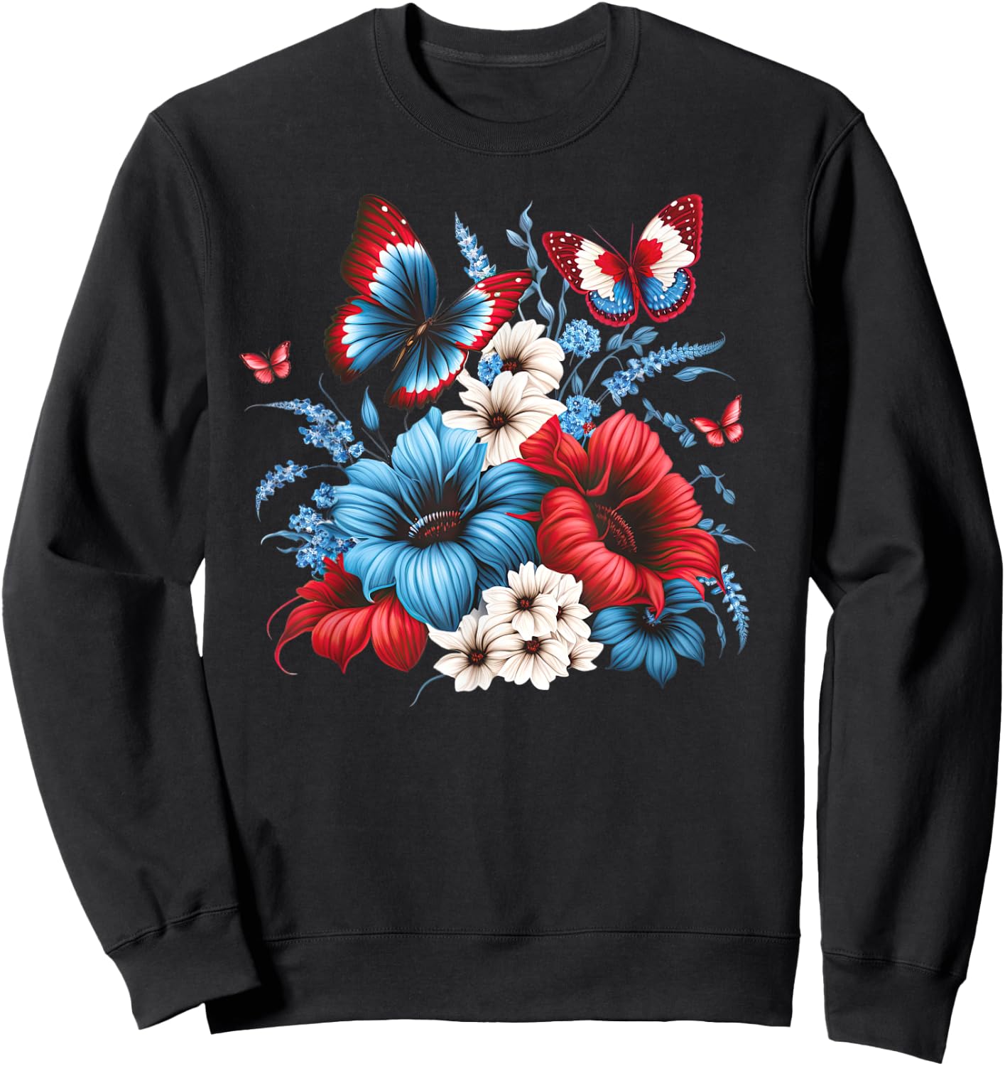 Butterfly Flowers - Red White and Blue 4th of July Patriotic Sweatshirt - Sweatshirt | Black