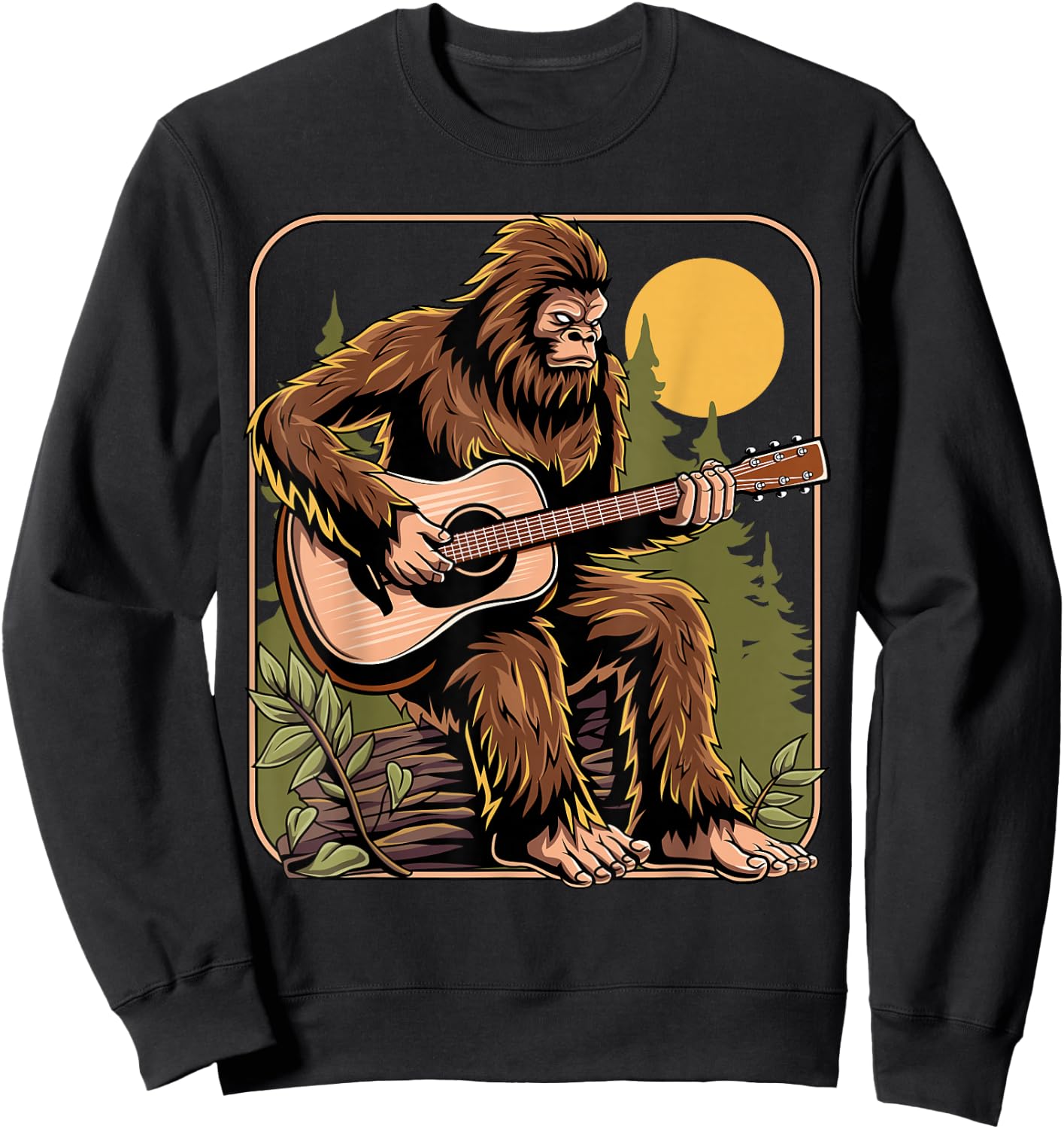 Retro Bigfoot Sasquatch Playing Acoustic Guitar Guitarist Sweatshirt - Sweatshirt | Black