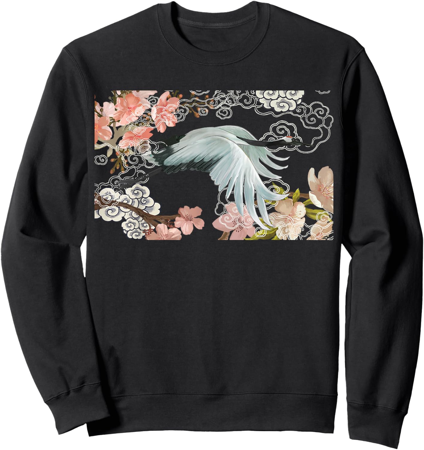 flying white Sandhill Crane Bird Japanese style art Lover Sweatshirt - Sweatshirt | Black