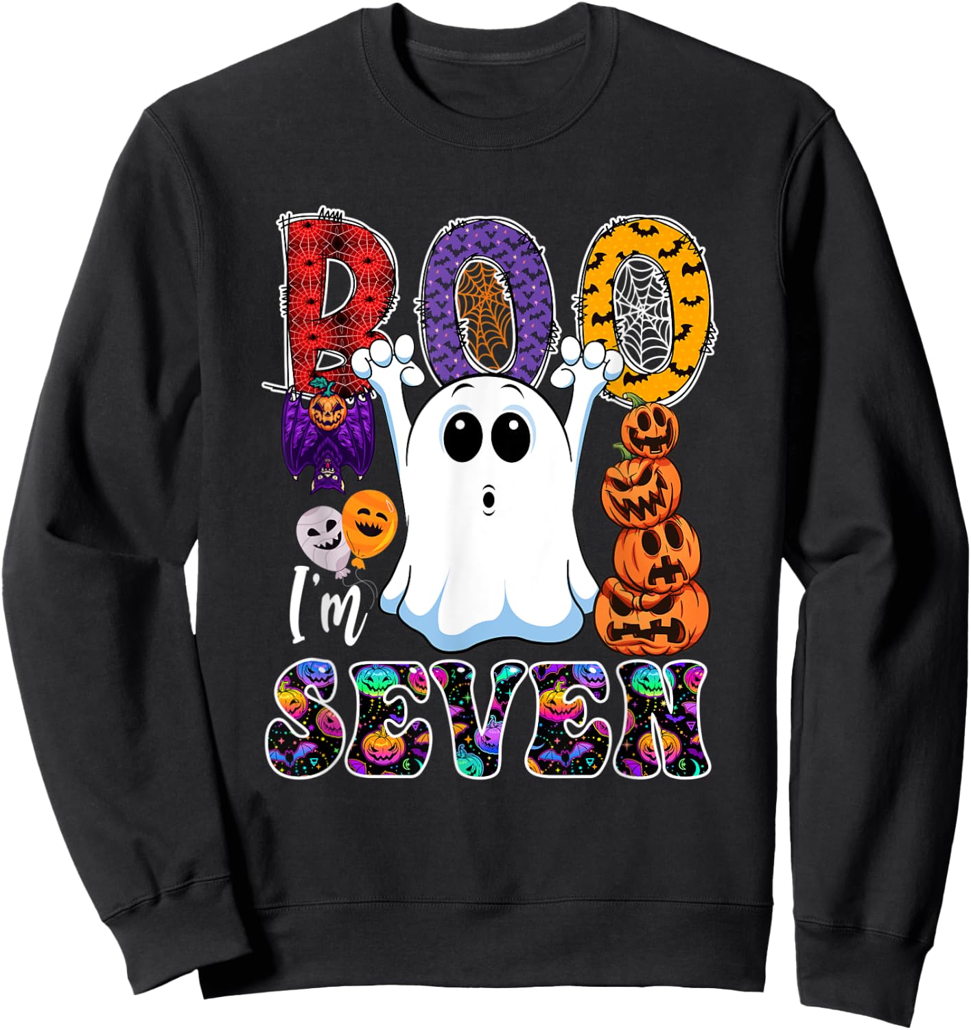 Boo I'm Seven Cute Boo Ghost Halloween 7th Birthday Family Sweatshirt - Sweatshirt | Black