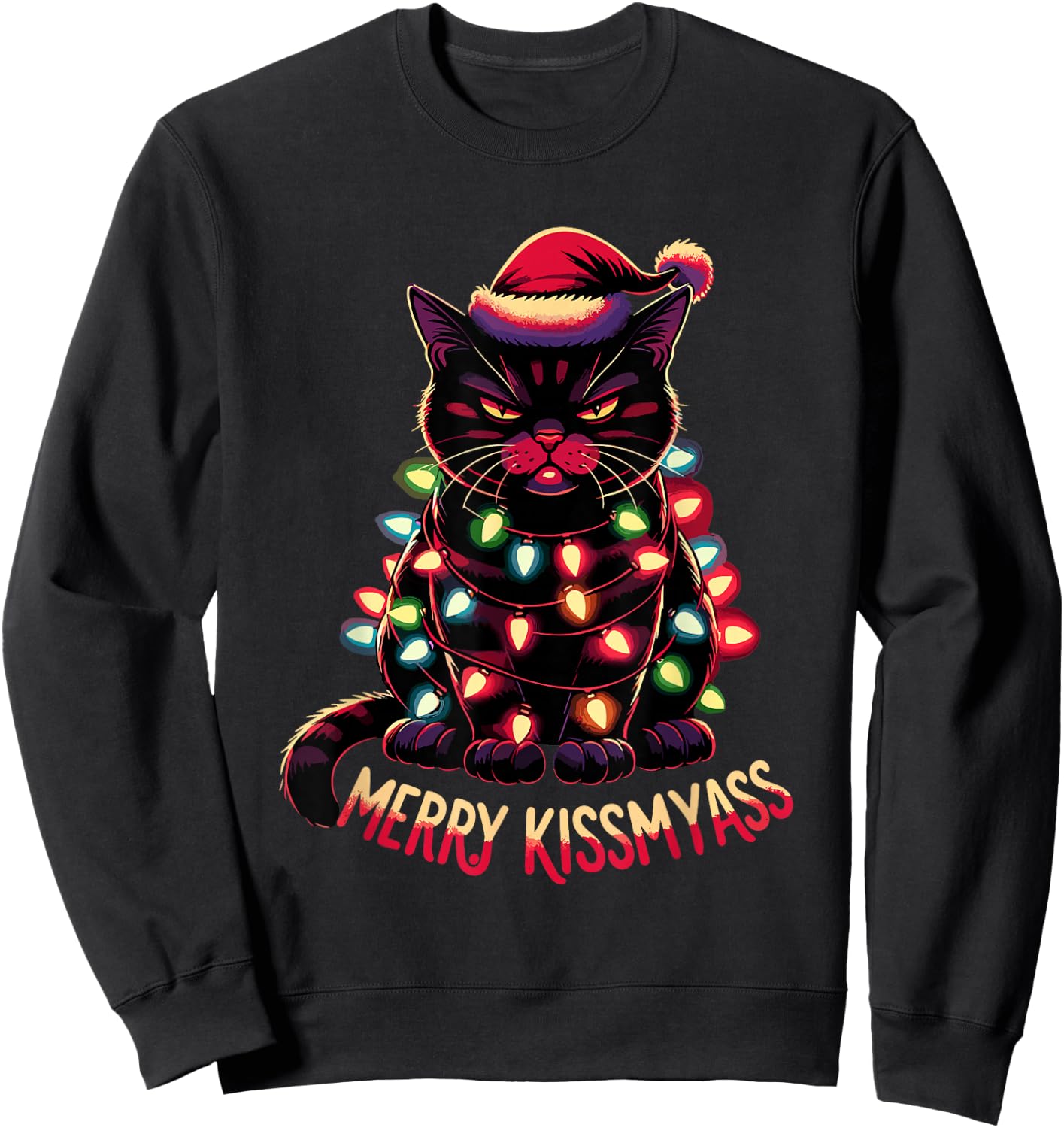 Merry Kissmyass Funny Black Cat Christmas Lights Santa Hat Sweatshirt - Sweatshirt | Black