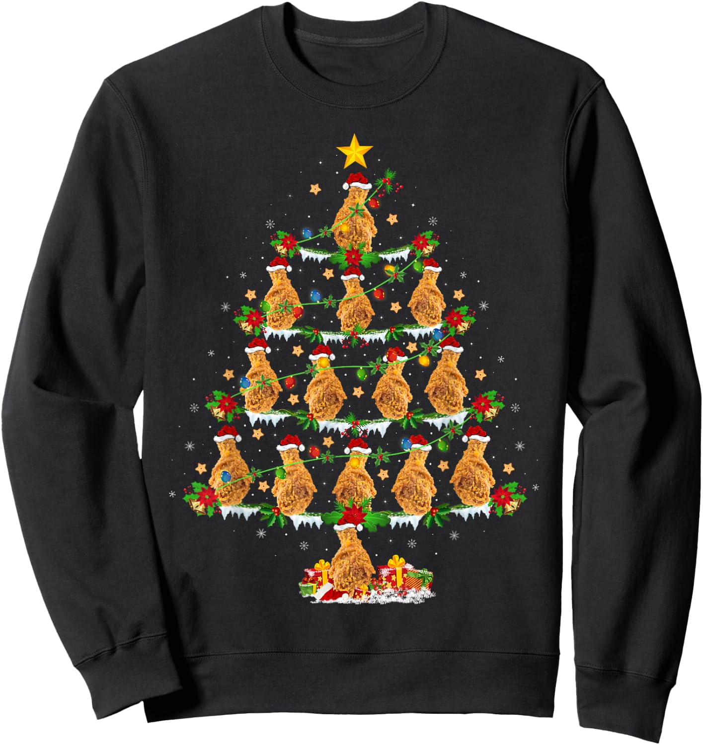 Holiday Xmas Lighting Santa Fried Chicken Christmas Tree Sweatshirt - Sweatshirt | Black