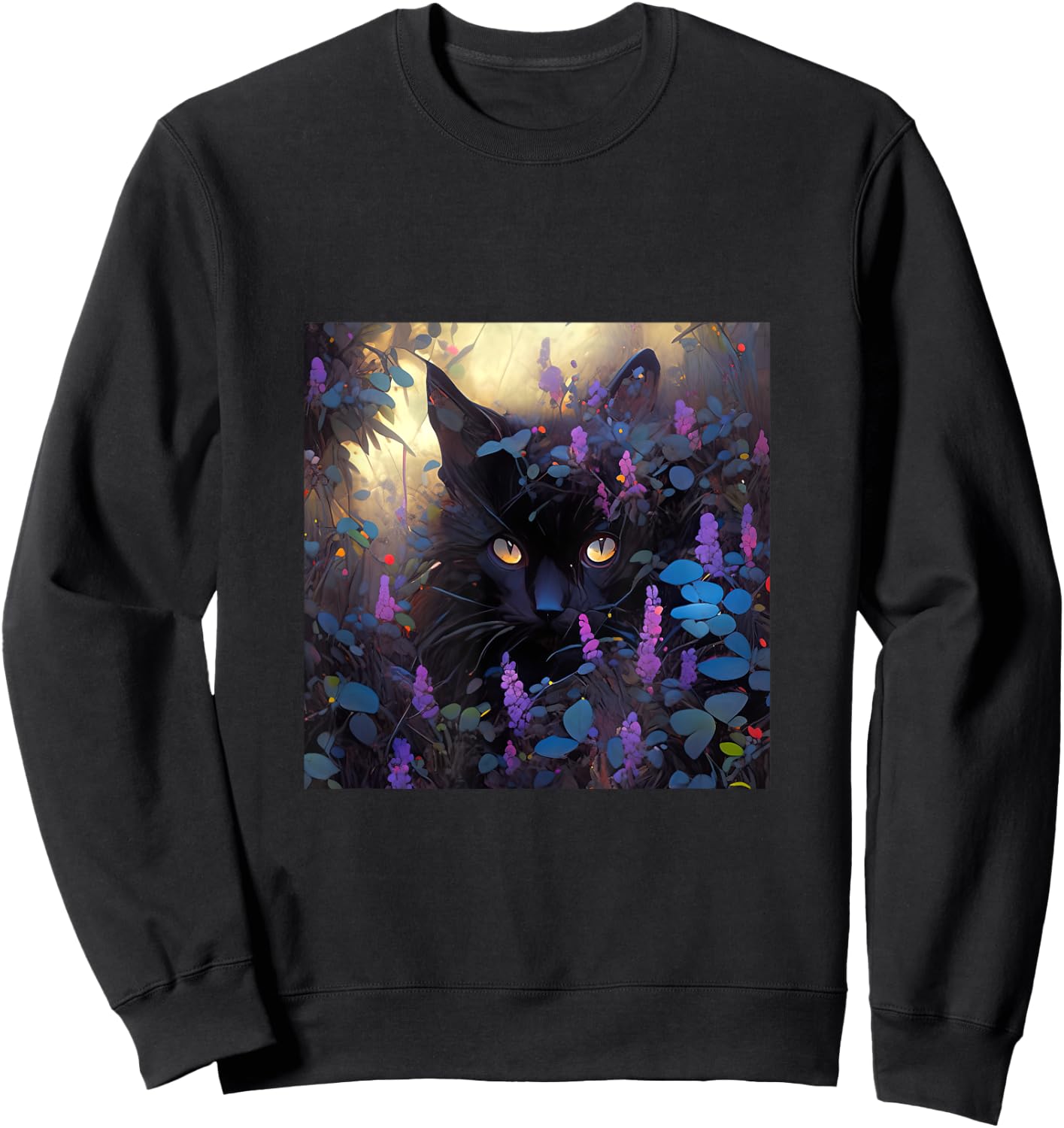 Black Adorable Cat Purple Spring Flowers Women Sweatshirt - Sweatshirt | Black