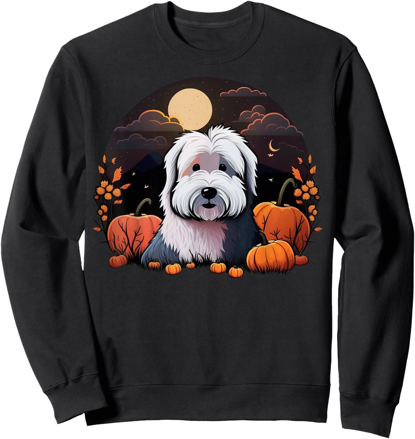 Pumpkin Bobtail costume on Old English Sheepdog Halloween Sweatshirt - Sweatshirt | Black