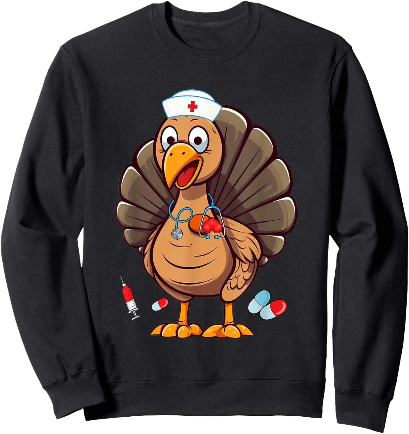 Turkey Nurse Stethoscope Thanksgiving Fall Scrub Top Women Sweatshirt - Sweatshirt | Black