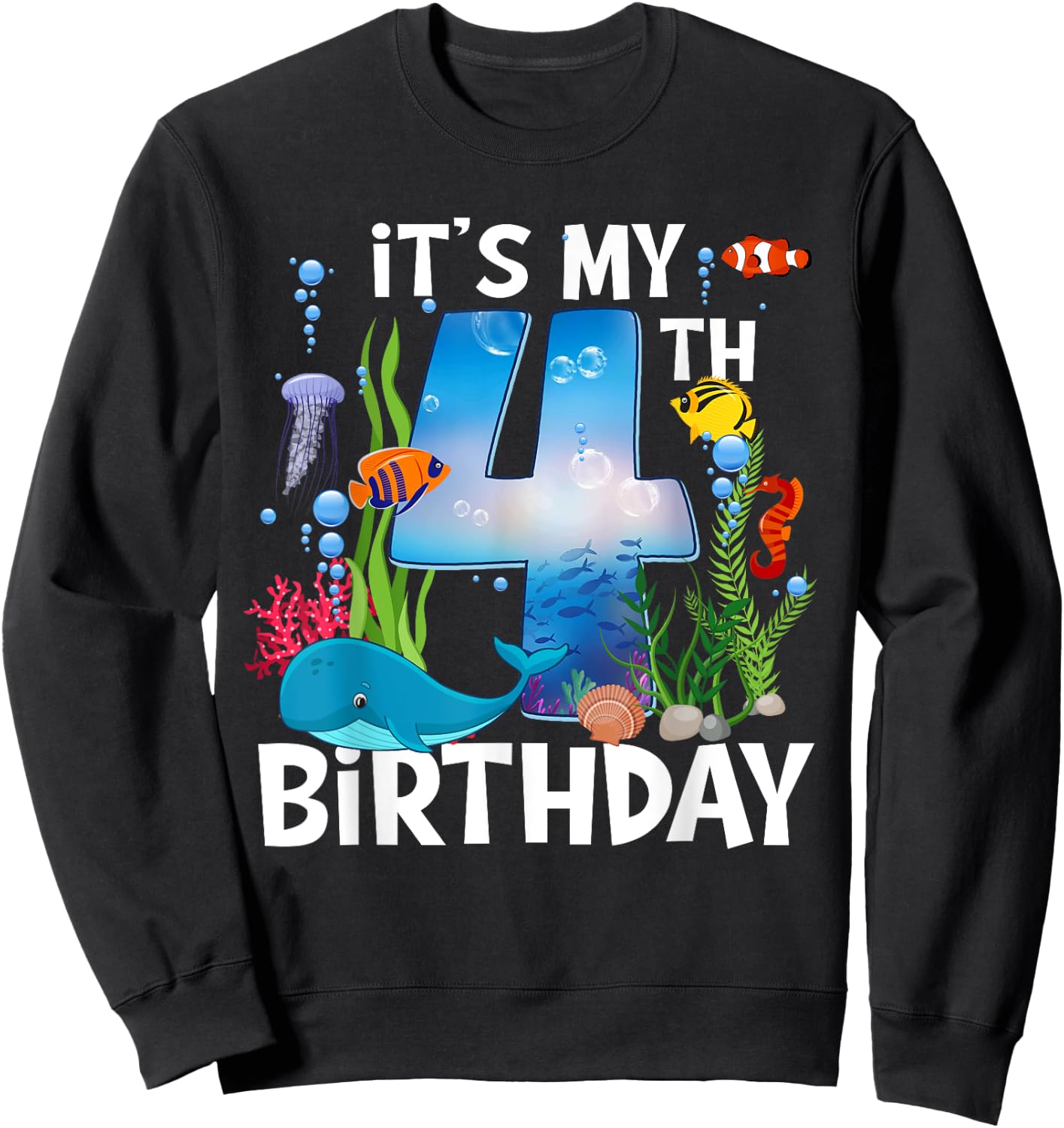 Kids 4 Year Old Ocean Life Whale Dolphin Shark 4th Birthday Sweatshirt - Sweatshirt | Black