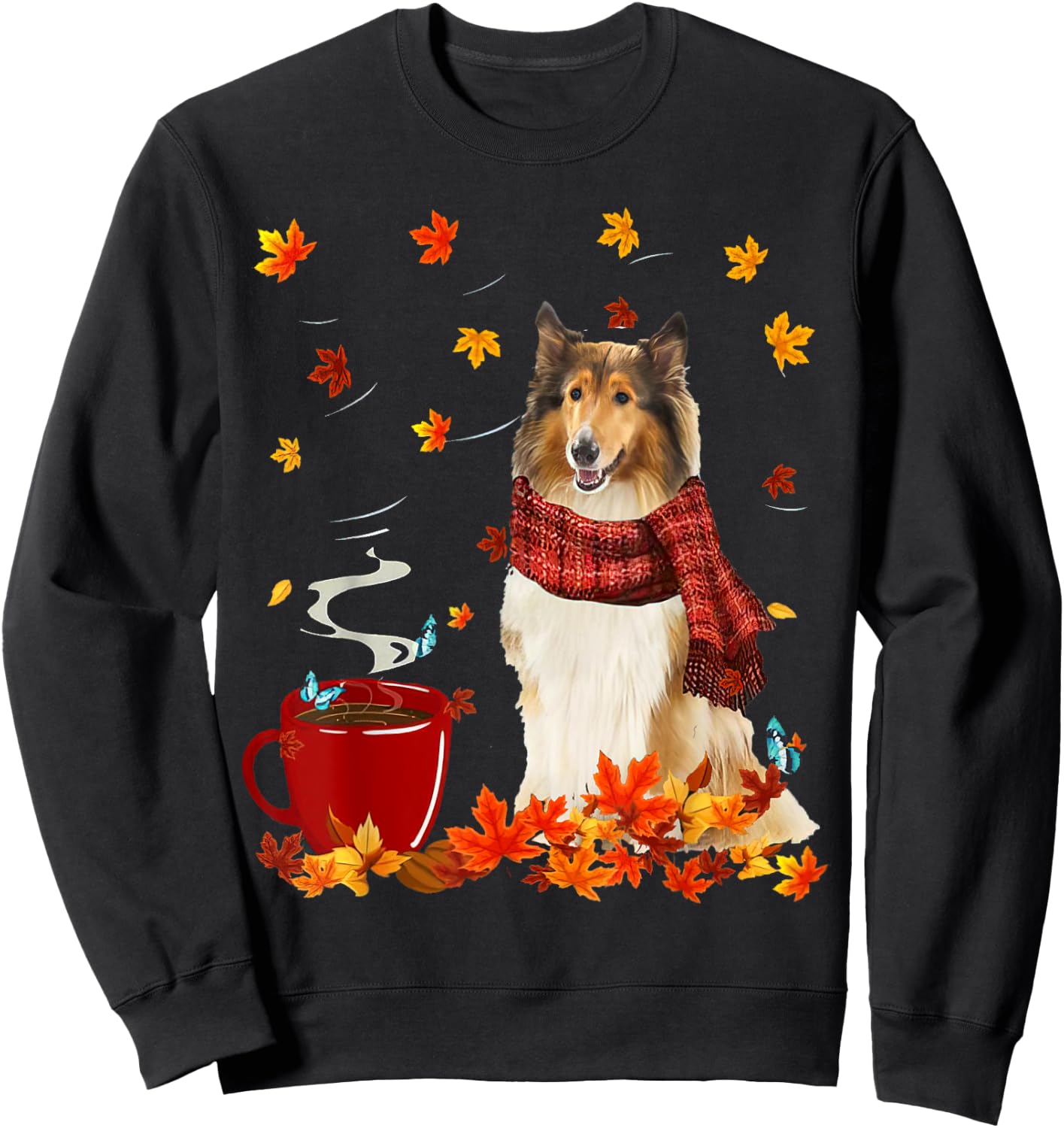 Rough Collie Fall Red Scarf Autumn Leaf For Dog Lover Sweatshirt - Sweatshirt | Black