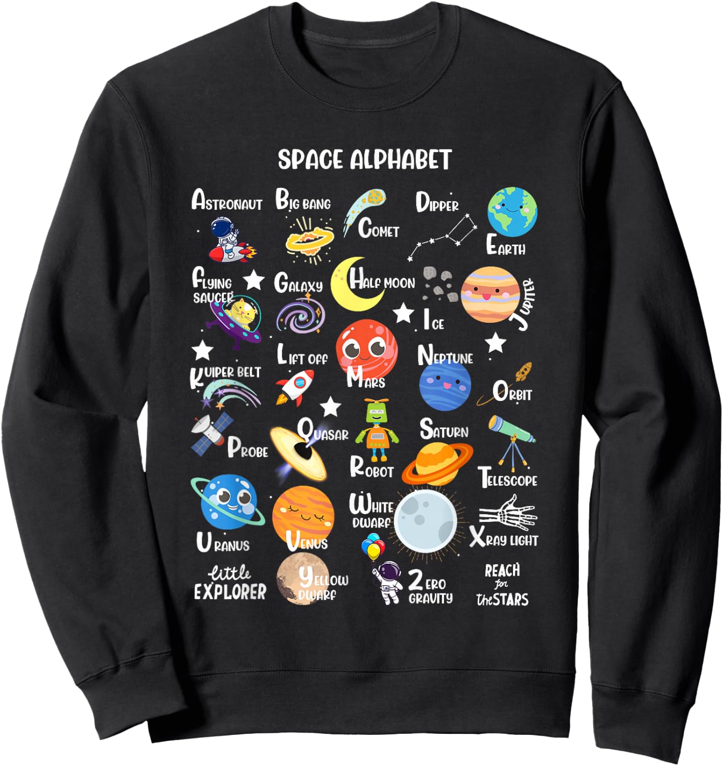 Space Alphabet A-Z ABC of Outer Space STEM Kids Sweatshirt - Sweatshirt | Black