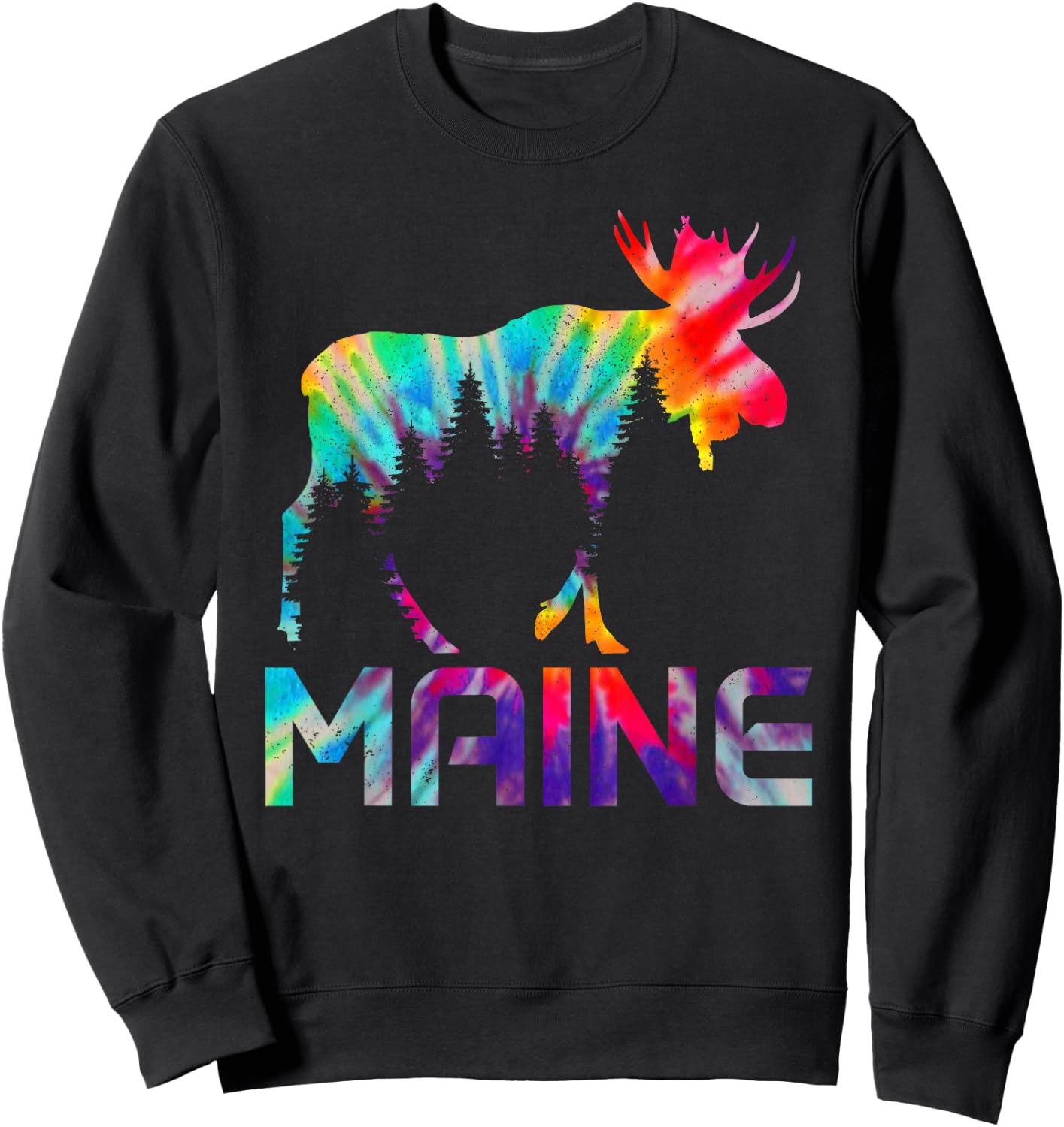 Maine Vintage Tie Dye Souvenir Elk Sweatshirt - Sweatshirt | Black