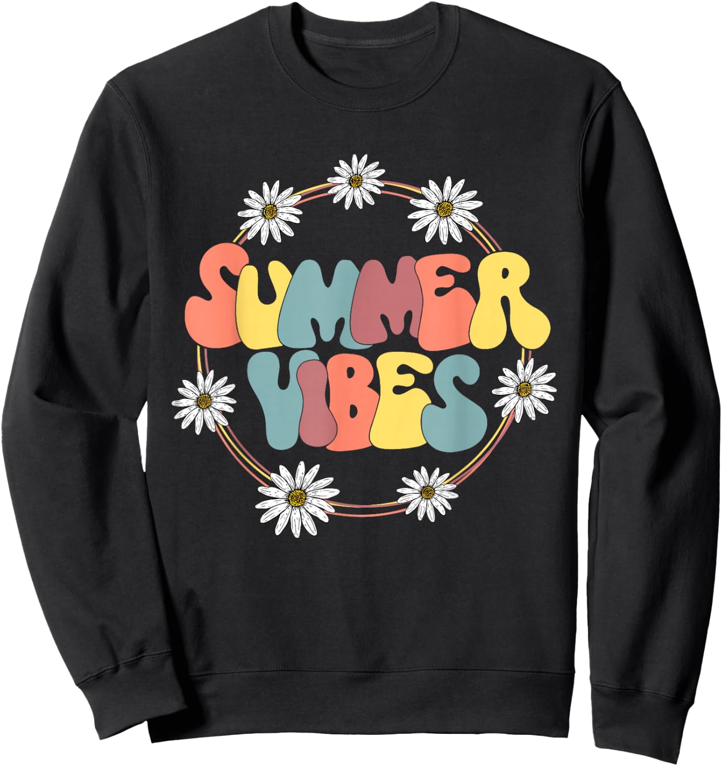 Retro Groovy Summer Vibes Sunflower Hello Summer Vacation Sweatshirt - Sweatshirt | Black