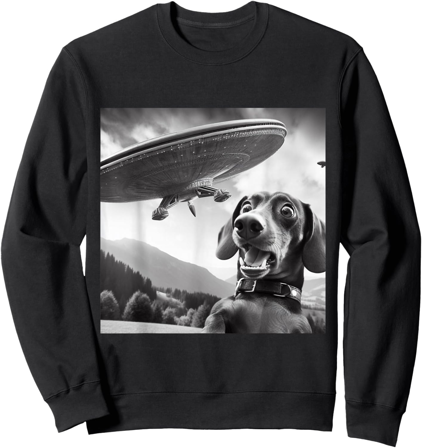 Wiener Dog Selfie With UFOs - Funny Flying Alien Dachshund Sweatshirt - Sweatshirt | Black