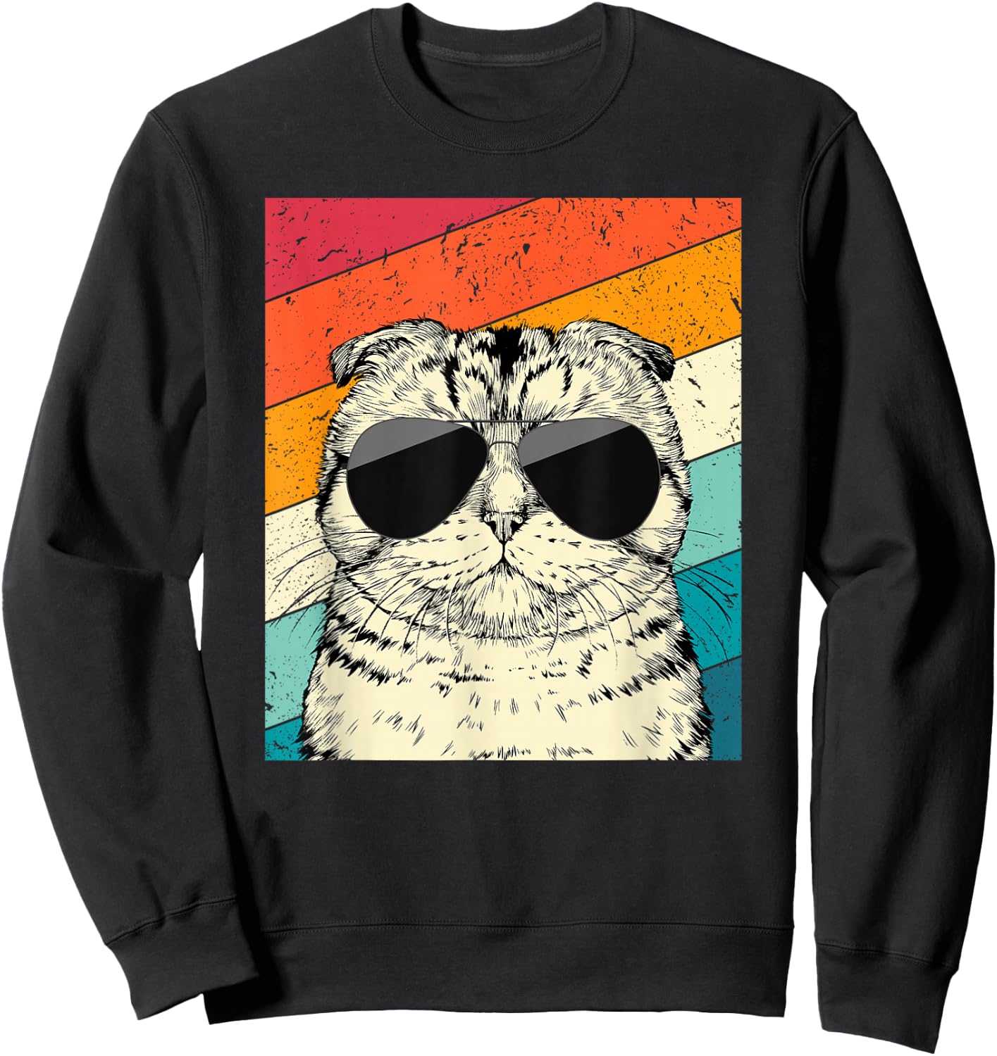 Retro Vintage Scottish Fold Cat with Sunglasses Cat Lovers Sweatshirt - Sweatshirt | Black