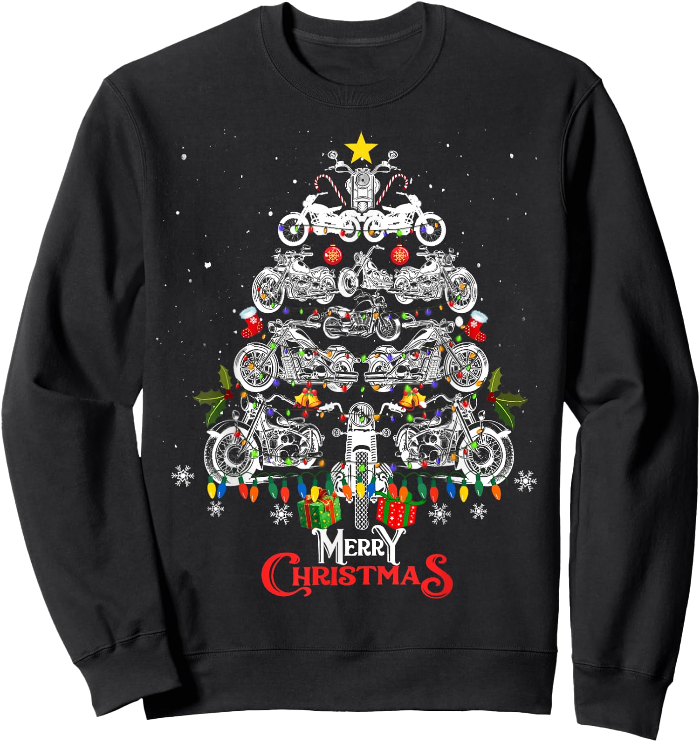 Merry Christmas Motorcycle Tree Christmas Lights Biker Xmas Sweatshirt - Sweatshirt | Black