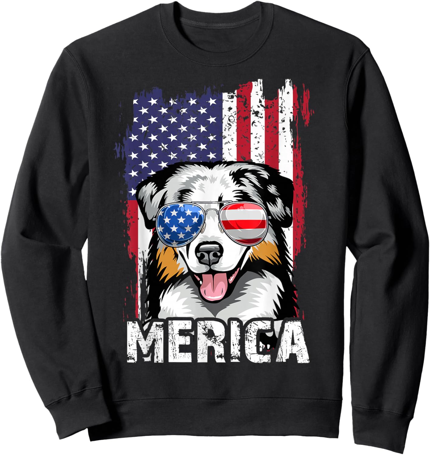 Australian Shepherd 4th of July Merica USA Flag Aussie Dog Sweatshirt - Sweatshirt | Black