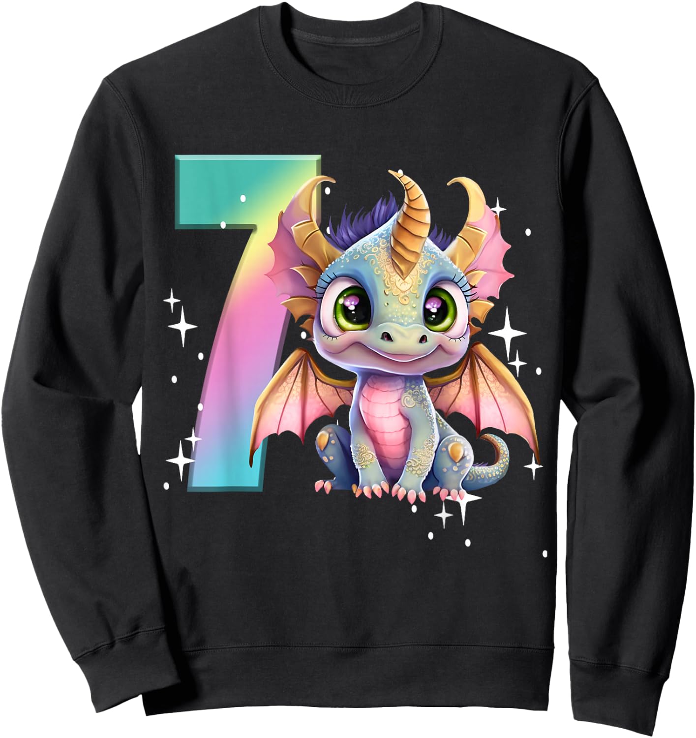 7th Birthday Shirt Dragon Party Rainbow Girl Dragon Seven 7 Sweatshirt - Sweatshirt | Black
