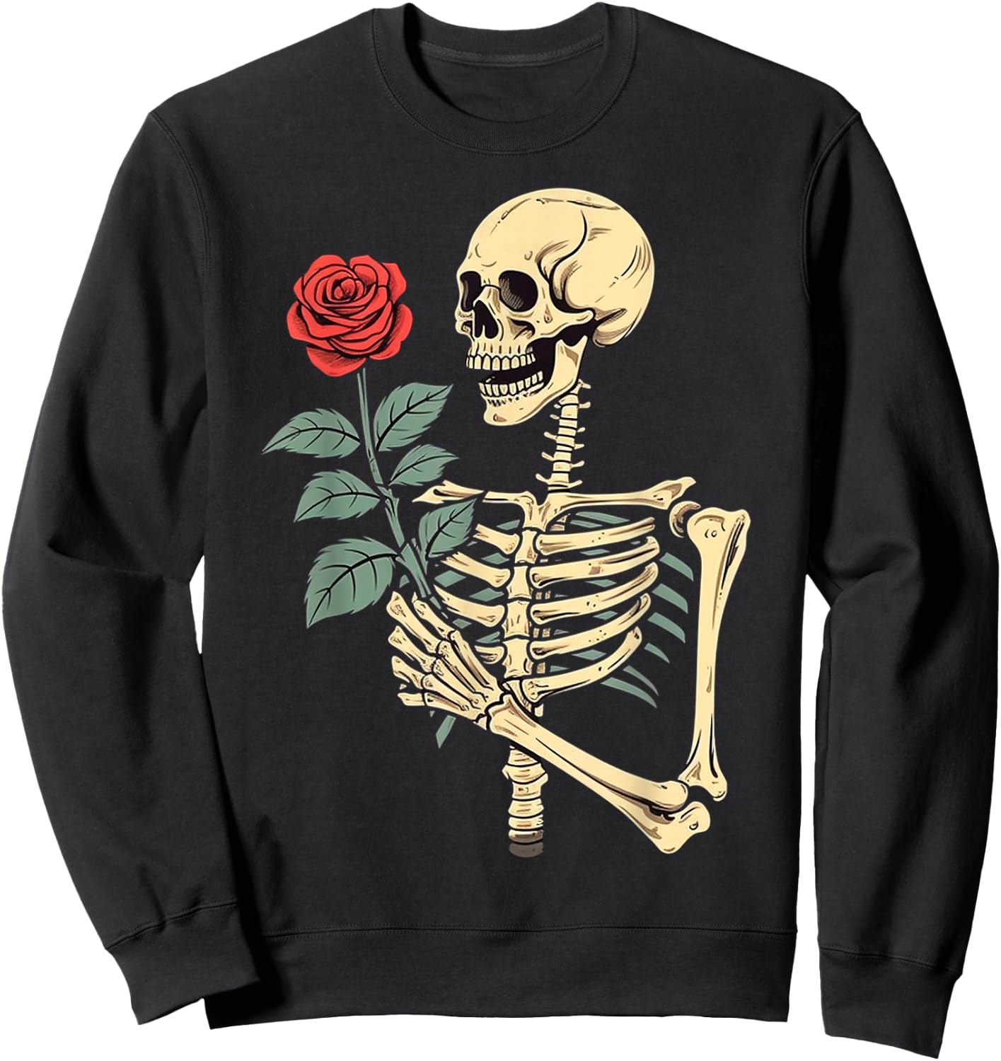 Skeleton Hand Holding a Red Rose Sweatshirt - Sweatshirt | Black