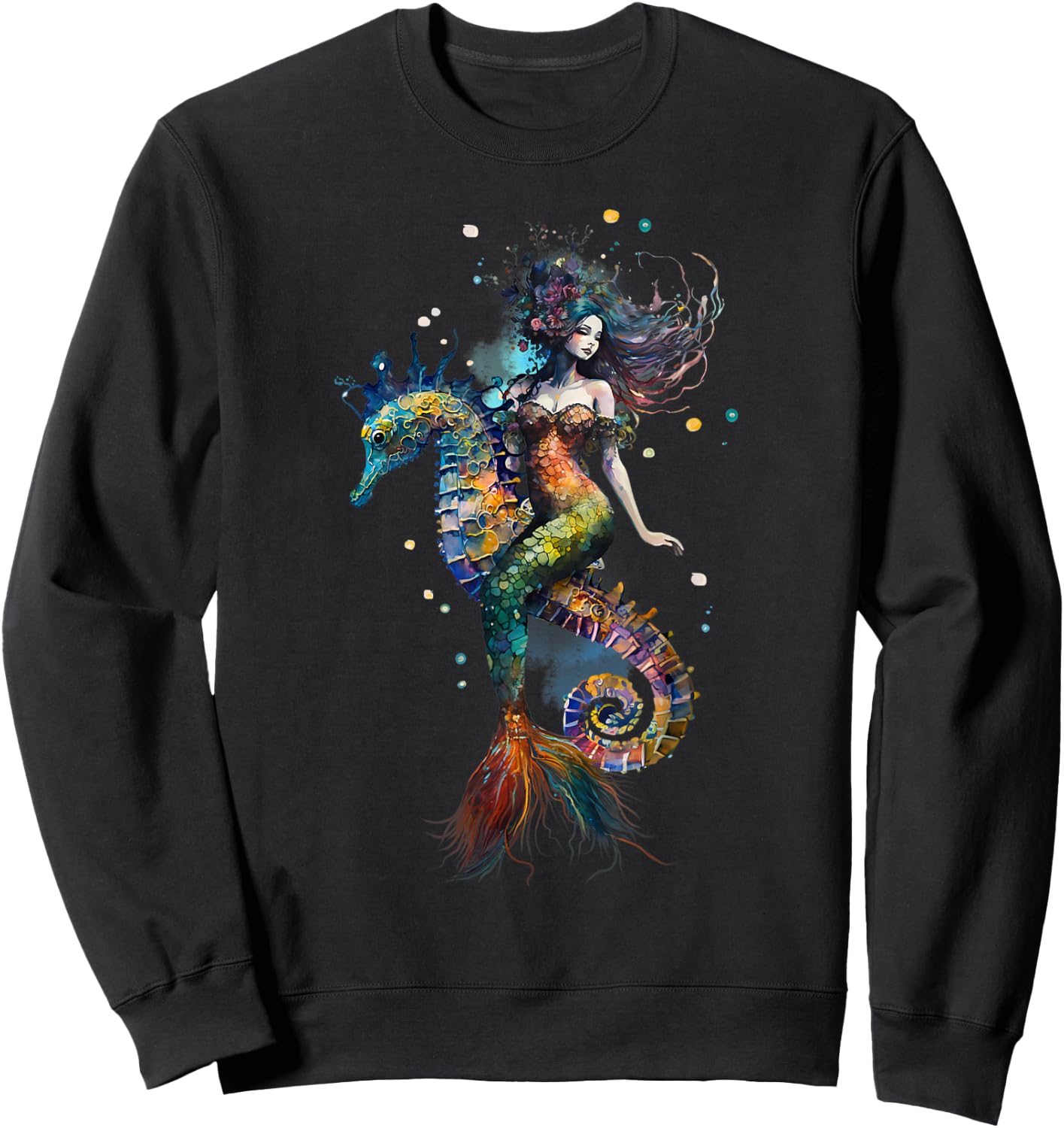 Mermaid Riding Seahorse Fantasy Ocean Mythical Creature Sweatshirt - Sweatshirt | Black
