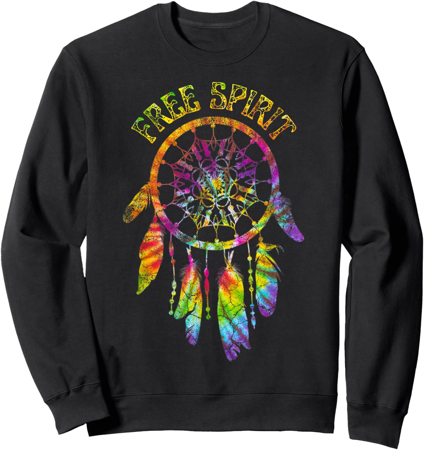 Free Spirit Tie Dye Groovy Dream Catcher Feathers Tribal Sweatshirt - Sweatshirt | Black