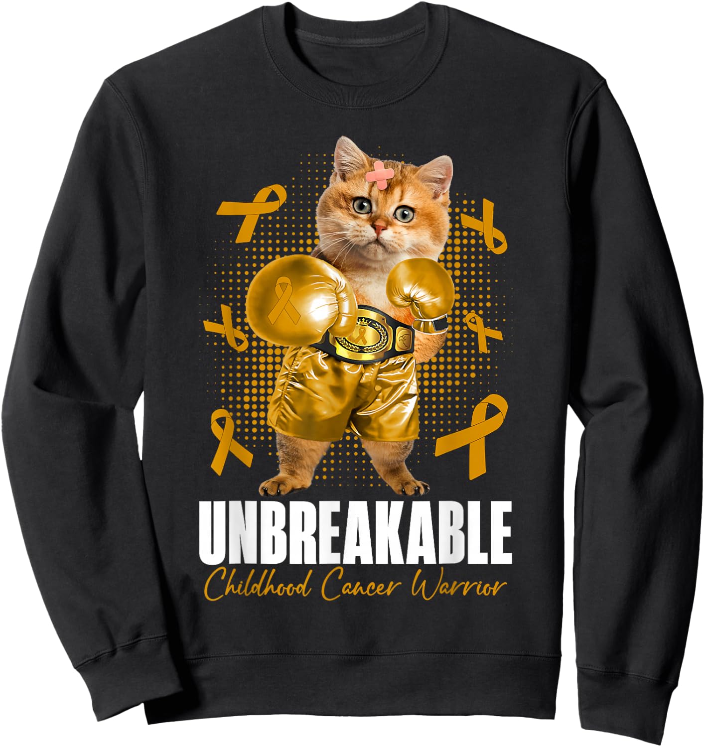 Unbreakable Childhood Cancer Awareness Fighter Cat Boxing Sweatshirt - Sweatshirt | Black
