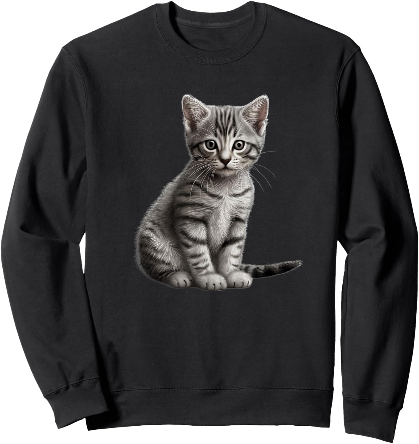 Grey Tabby Cat : Women's Cat-Themed Kids , Black, Small, Short Sleeve, Classic Fit, , Cute, Spring, Summer Sweatshirt - Sweatshirt | Black