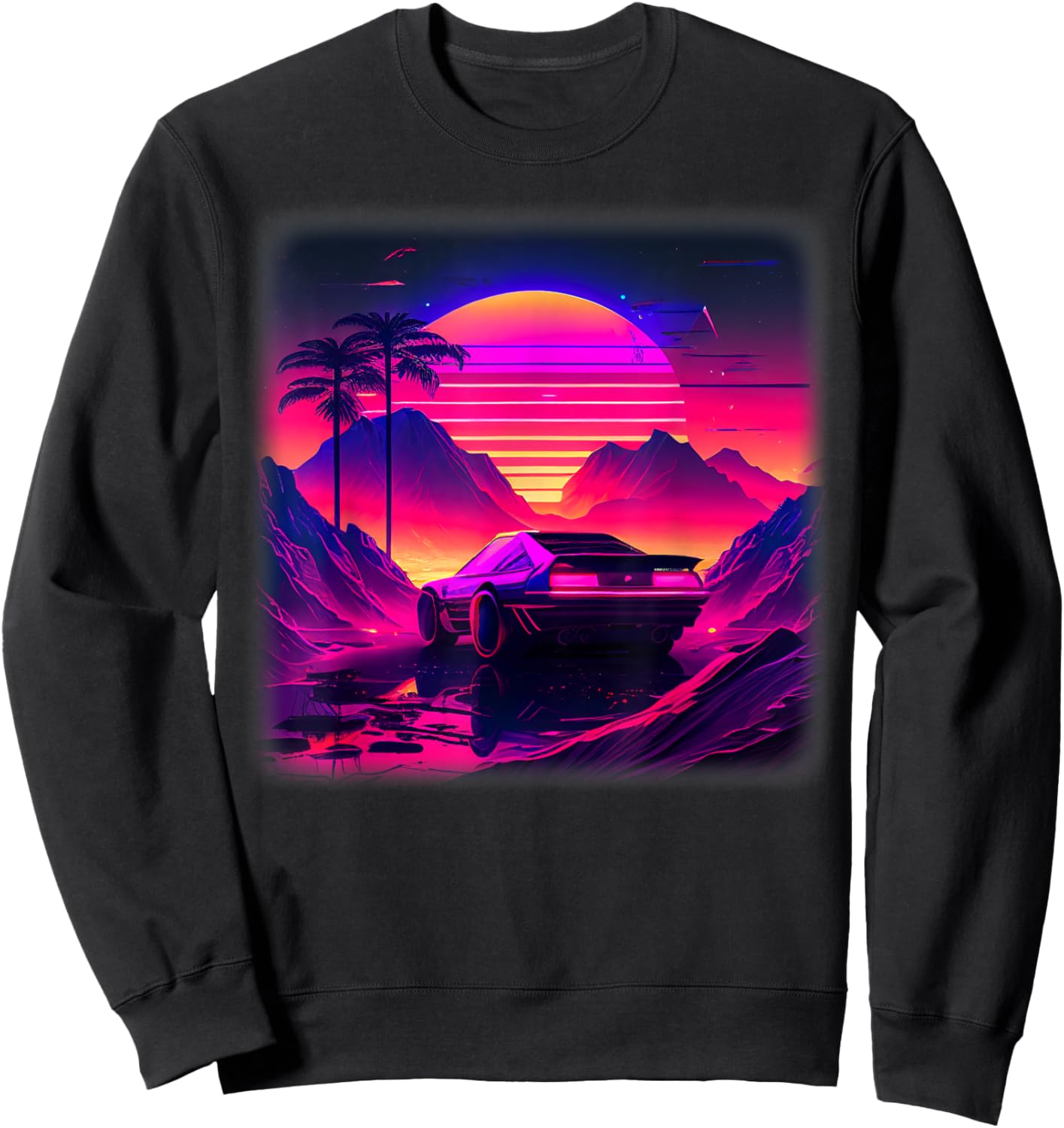 Synthwave Vaporwave Sunset Palm Trees 80s 90s Illustration Sweatshirt - Sweatshirt | Black