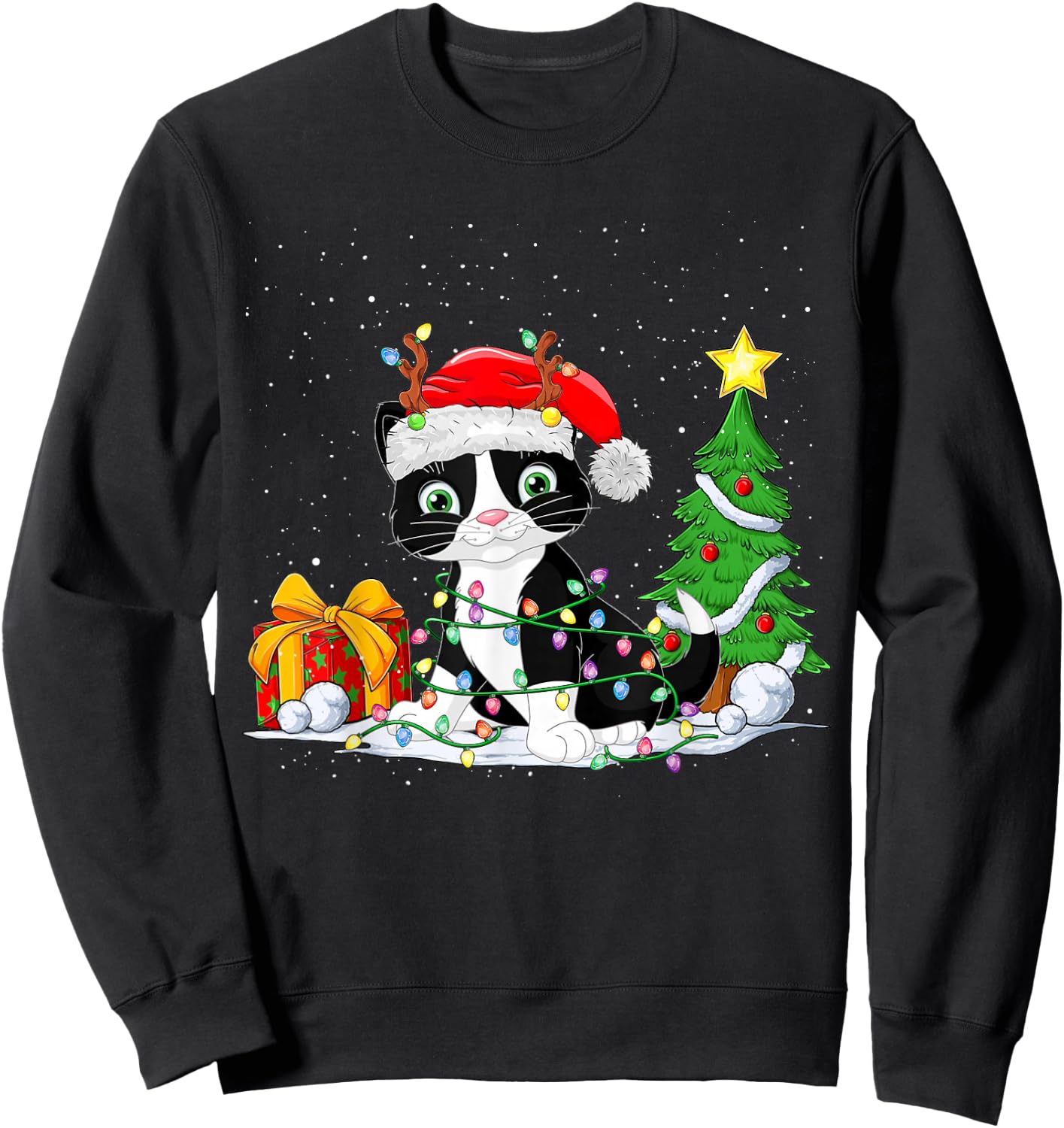 Cute Tuxedo Cat Santa Christmas Tree Lights Xmas Tuxedo Cat Sweatshirt - Sweatshirt | Black
