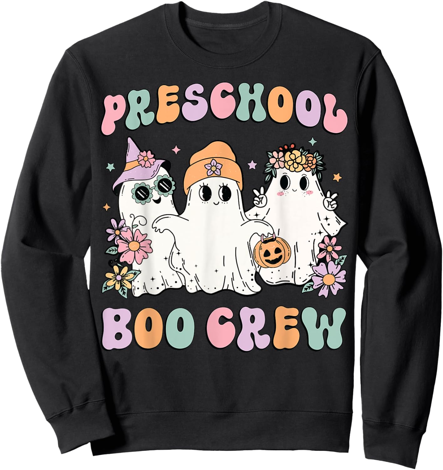 Preschool Boo Crew Groovy Halloween Floral Ghost Teacher Men Women Kids Sweatshirt - Sweatshirt | Black