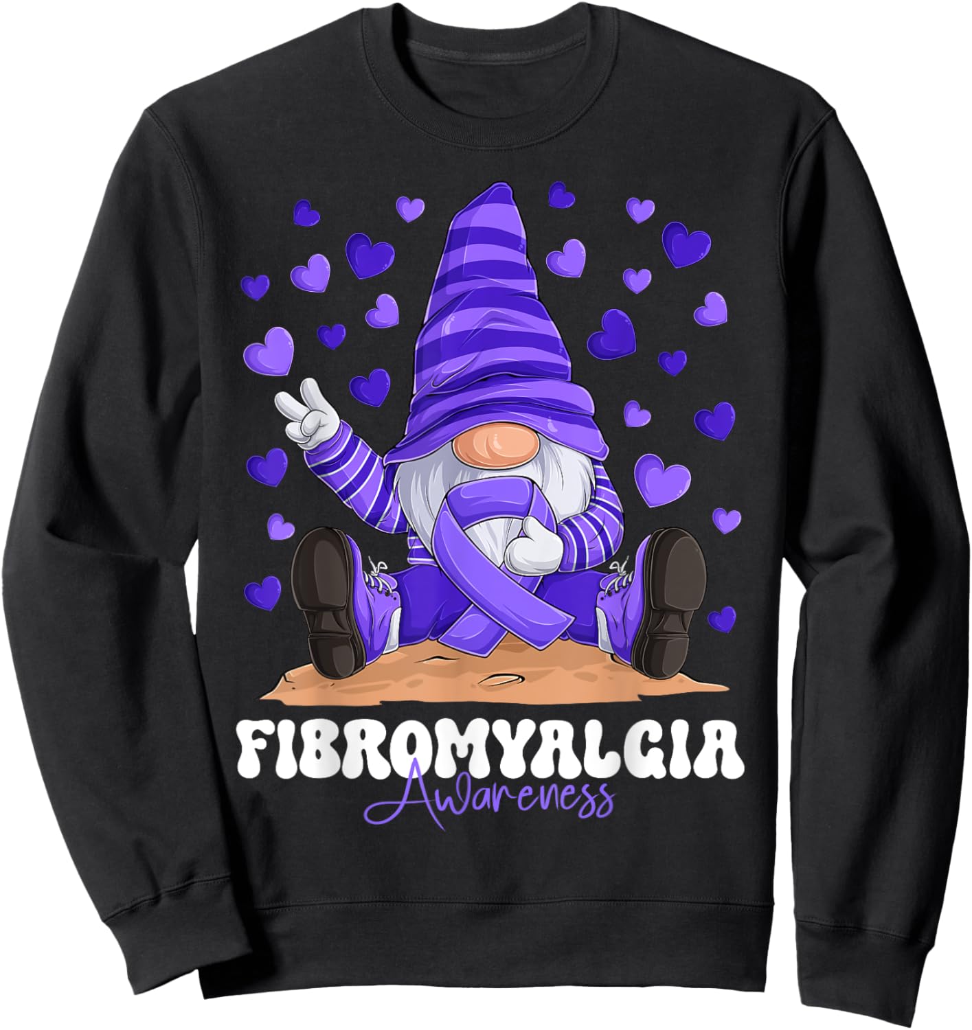 Fibromyalgia Awareness Month Purple Ribbon Gnome Sweatshirt - Sweatshirt | Black