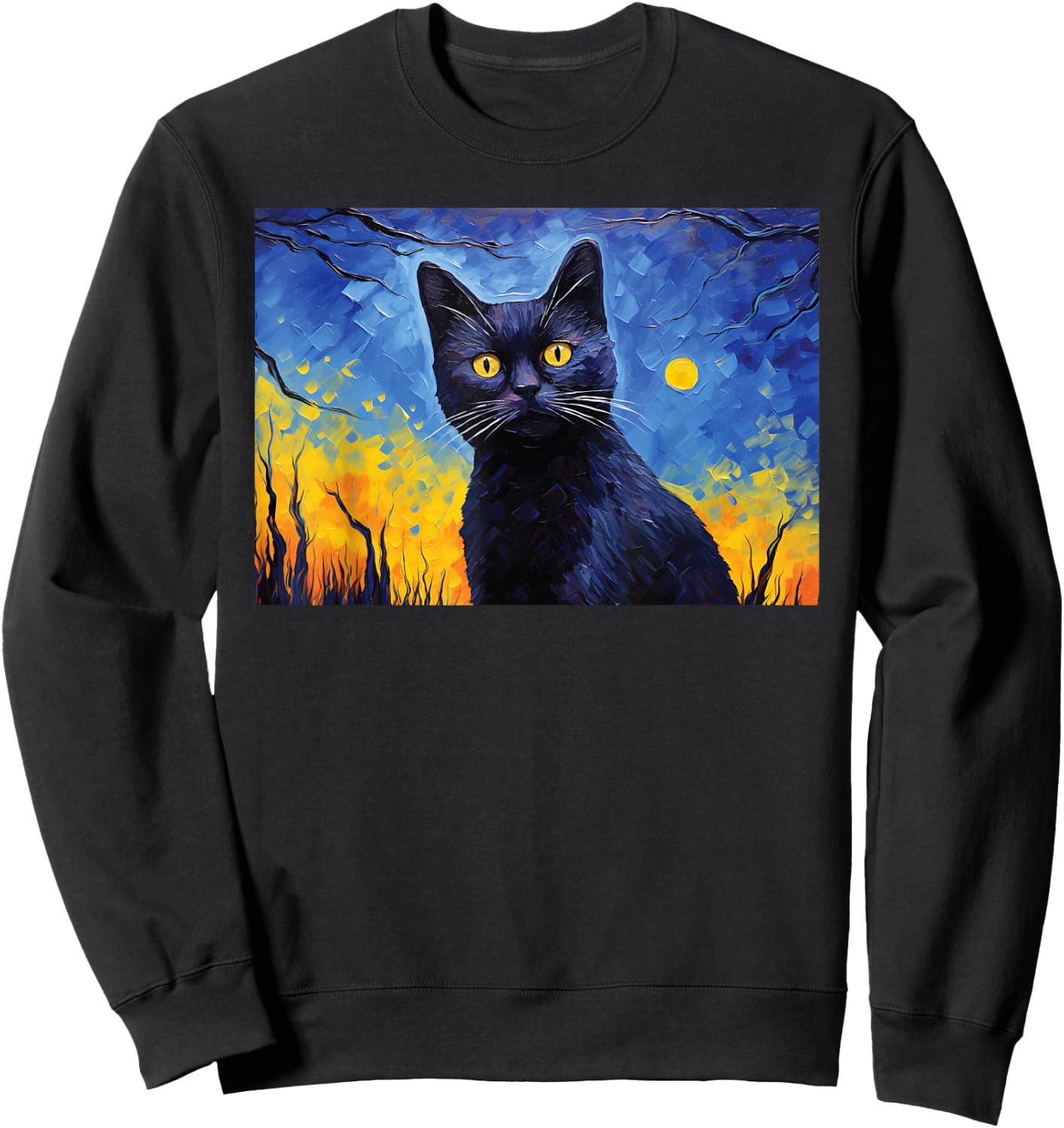 black cat Painting art Starry Night kitty kitten Van Gogh Men Women Kids Sweatshirt - Sweatshirt | Black