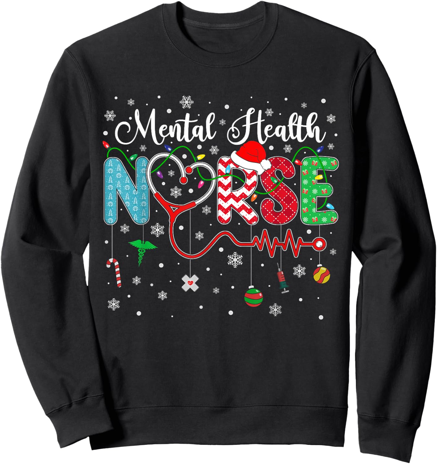 Merry Christmas Nurse Mental Health Nurse Christmas Pattern Sweatshirt - Sweatshirt | Black