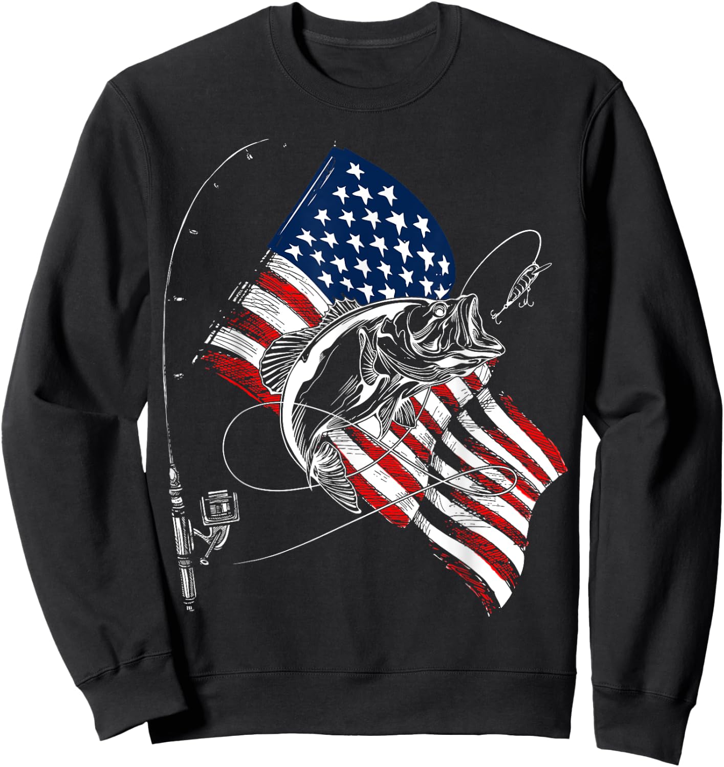 Fishing American Flag 4th Of July Fisherman Bass Sweatshirt - Sweatshirt | Black
