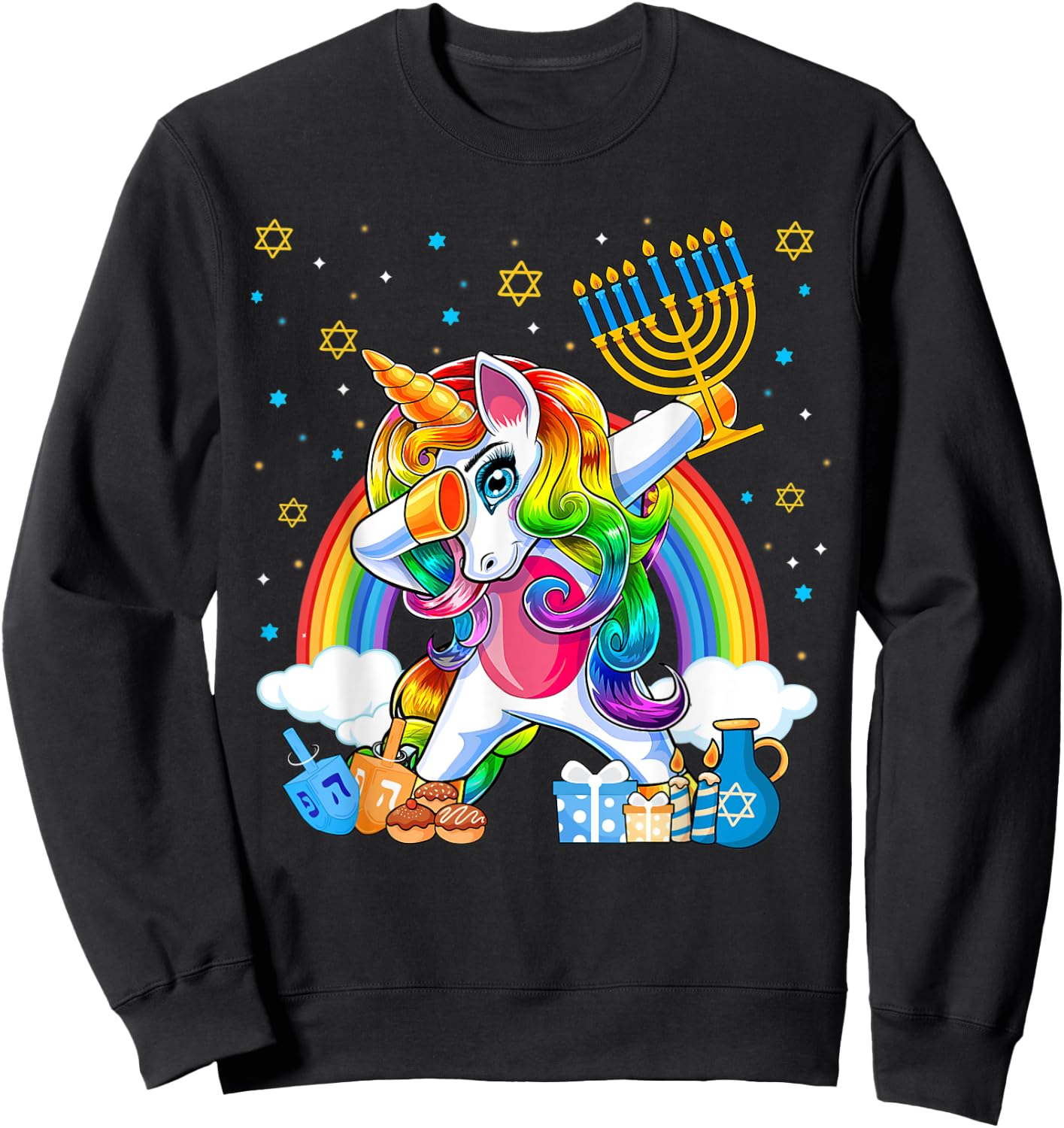 Happy Hanukkah Dabbing Unicorn Girls Chanukah Jewish Sweatshirt - Sweatshirt | Black