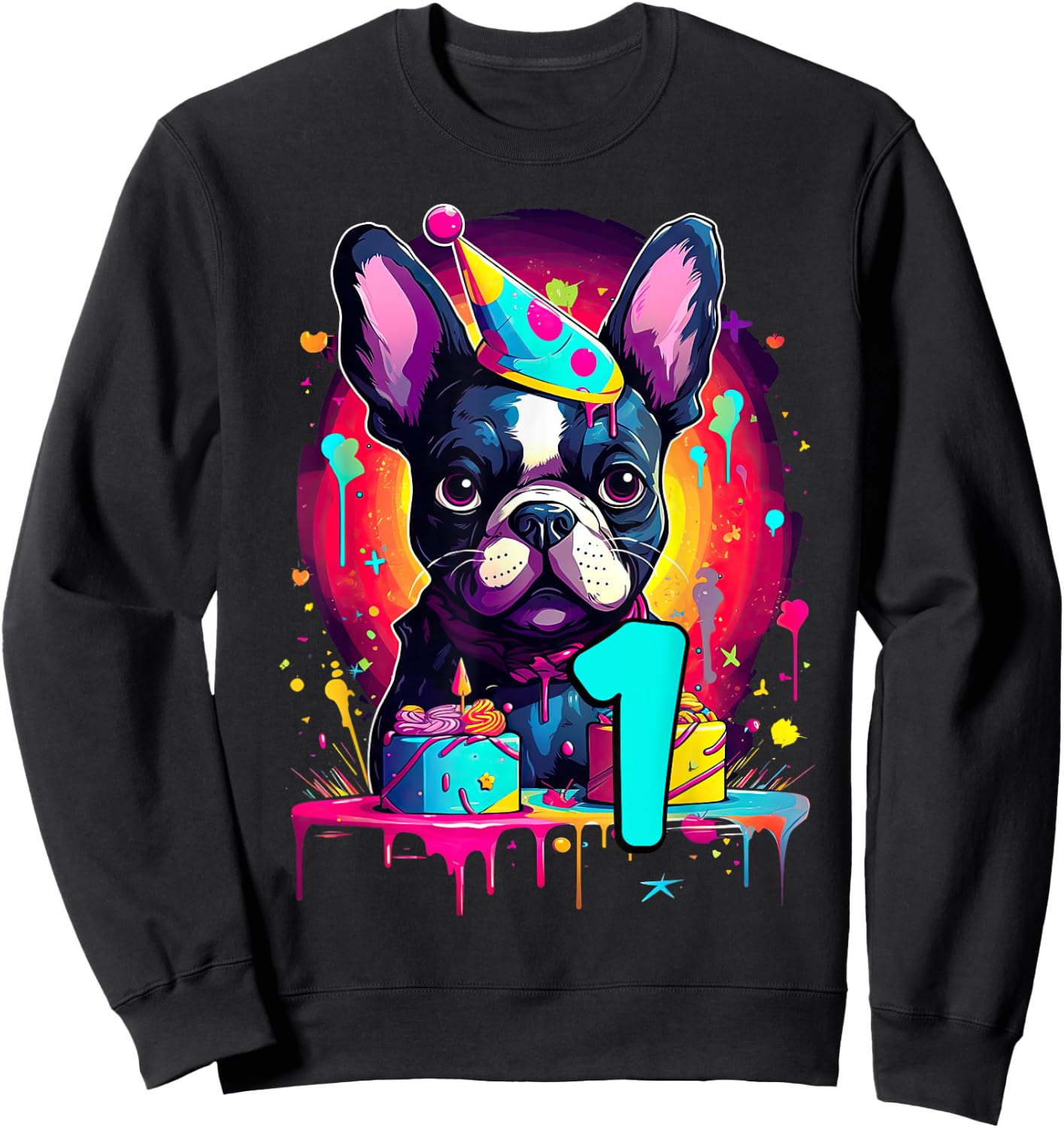 French Bulldog Dog 1st Birthday Themed Party 1 Years Old Men Women Girls Kids Sweatshirt - Sweatshirt | Black