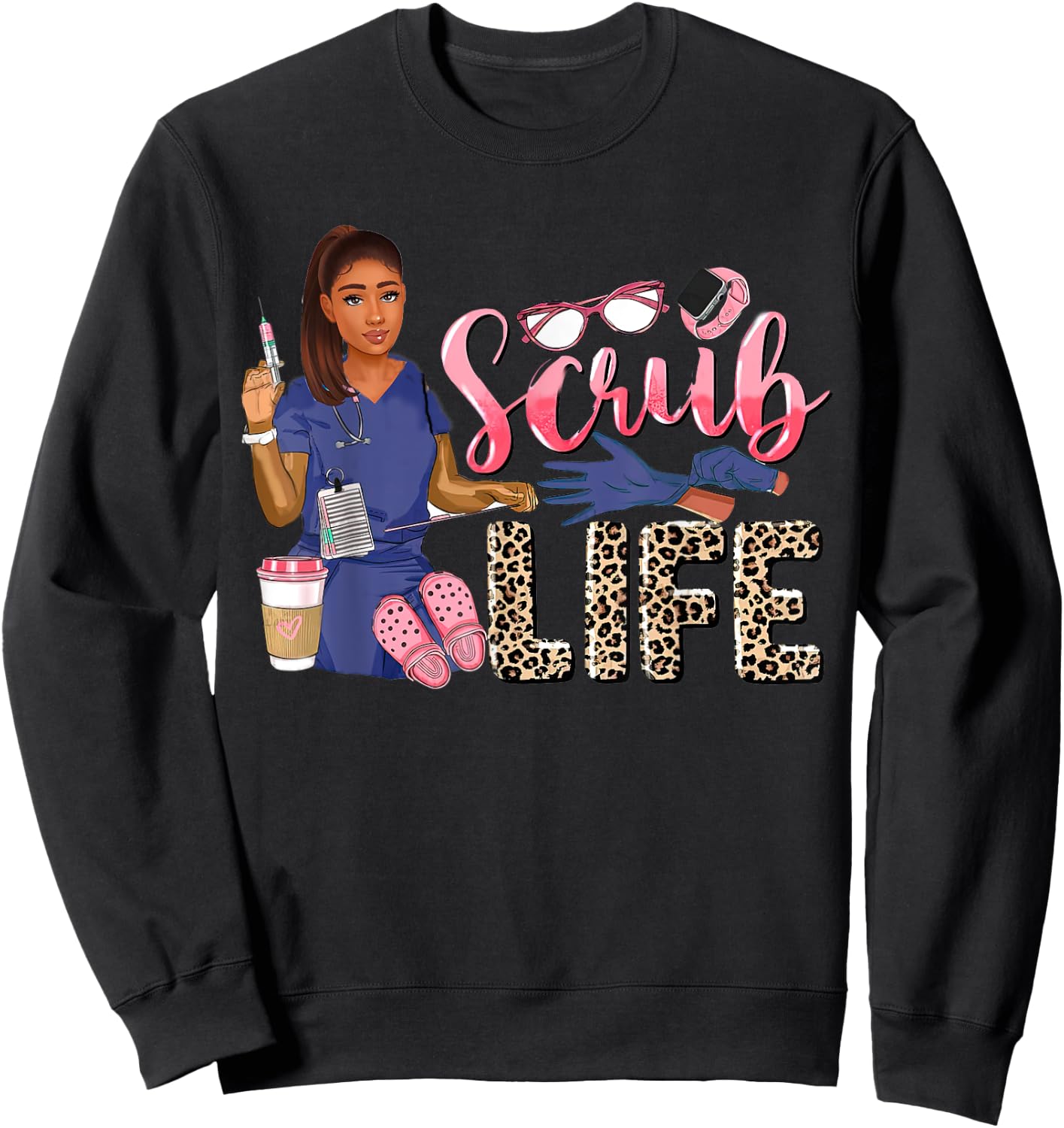 Scrub Life African American Women Leopard Nurse Clothing Sweatshirt - Sweatshirt | Black